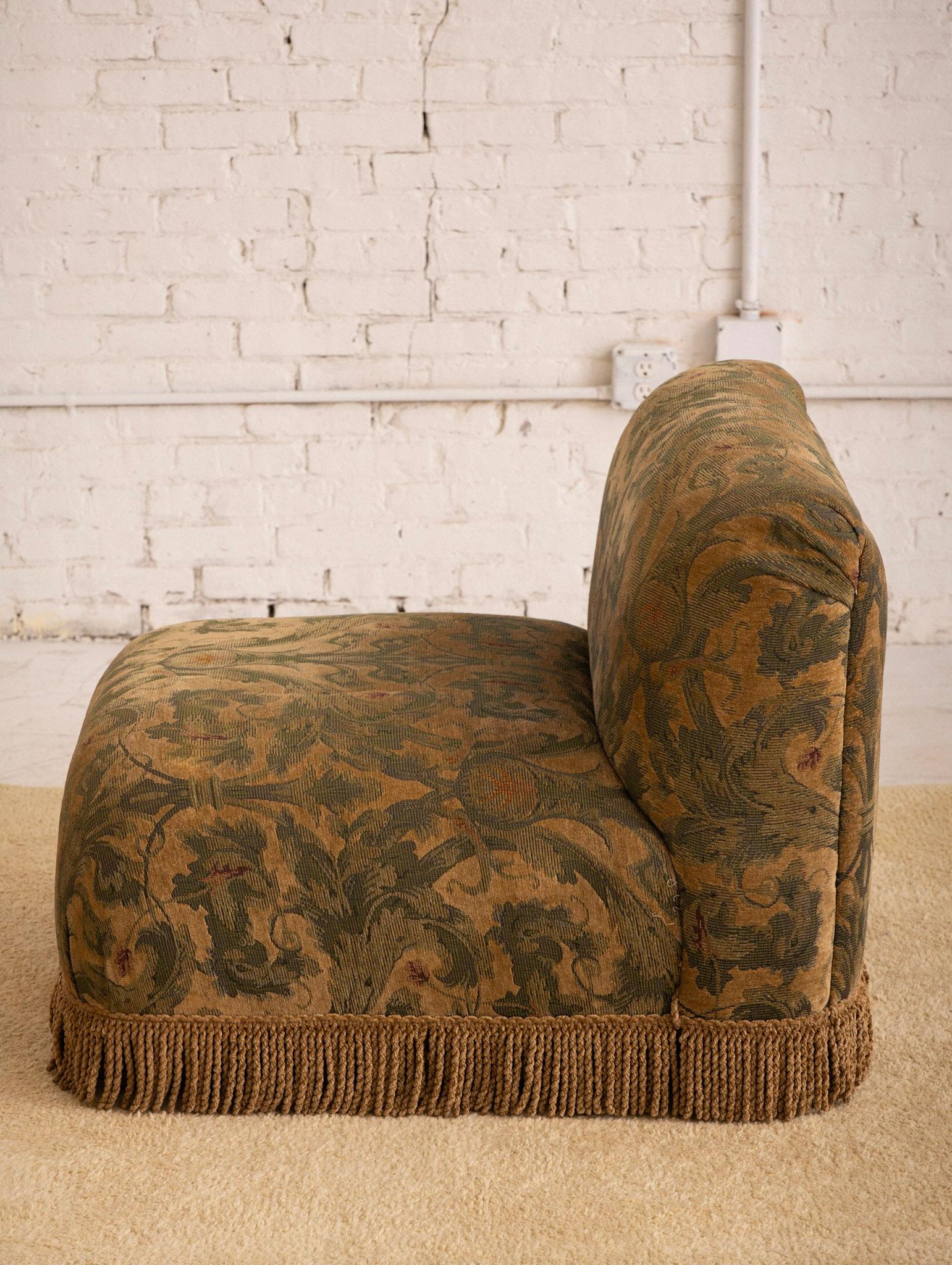 American Post Modern Slipper Chair in Tapestry Print and Fringe Detail