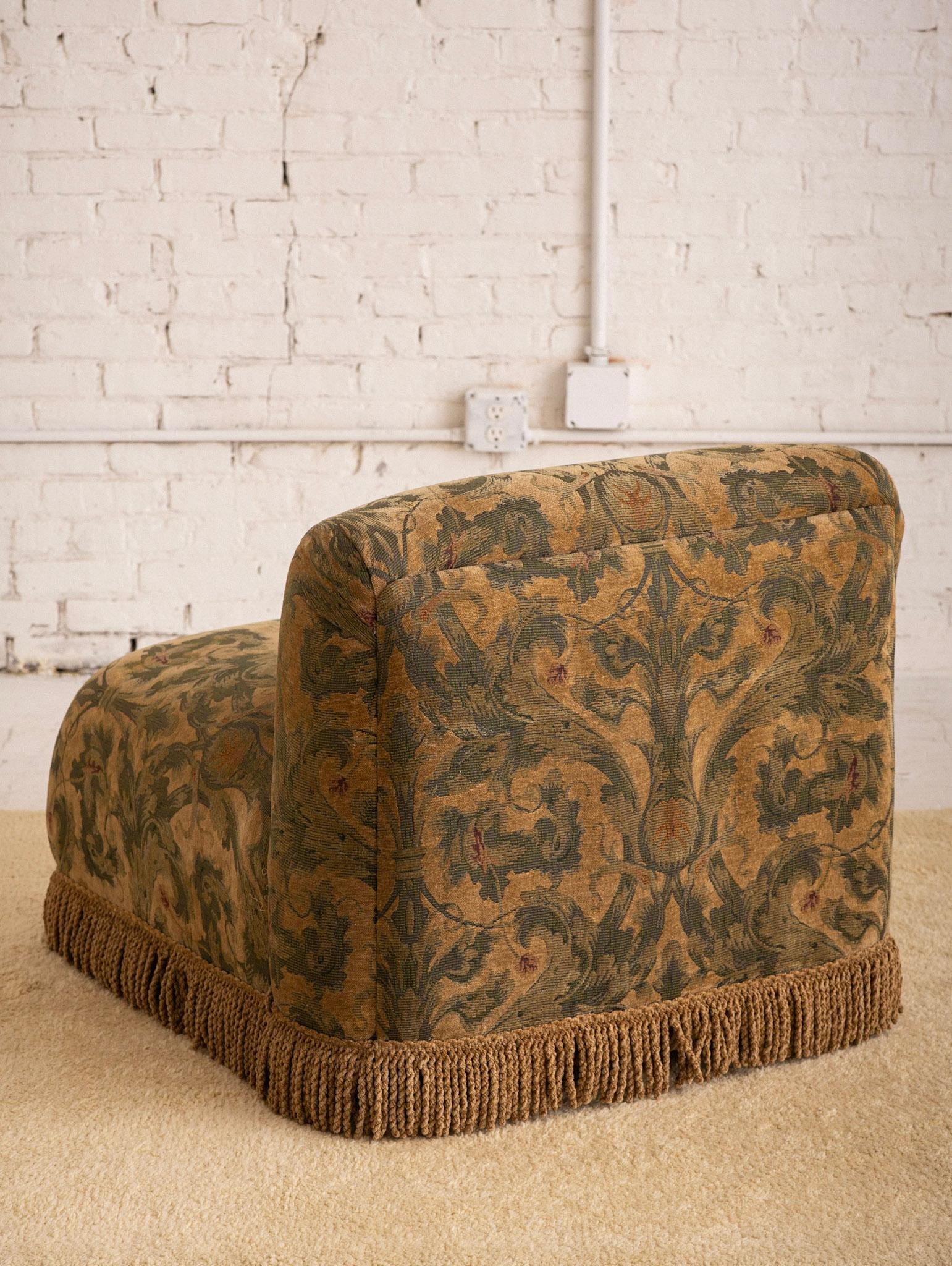 Post Modern Slipper Chair in Tapestry Print and Fringe Detail In Good Condition In Brooklyn, NY