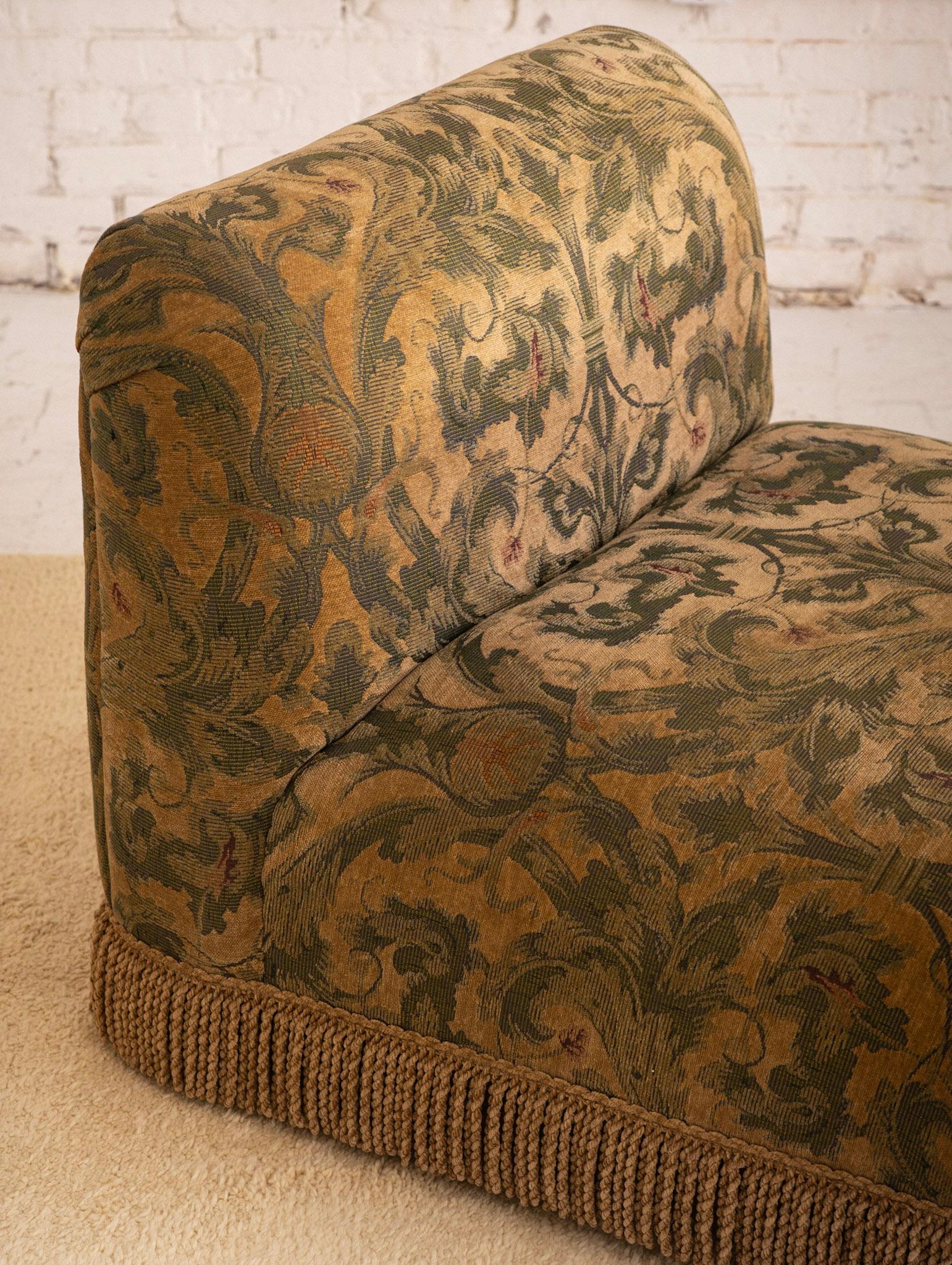 Upholstery Post Modern Slipper Chair in Tapestry Print and Fringe Detail