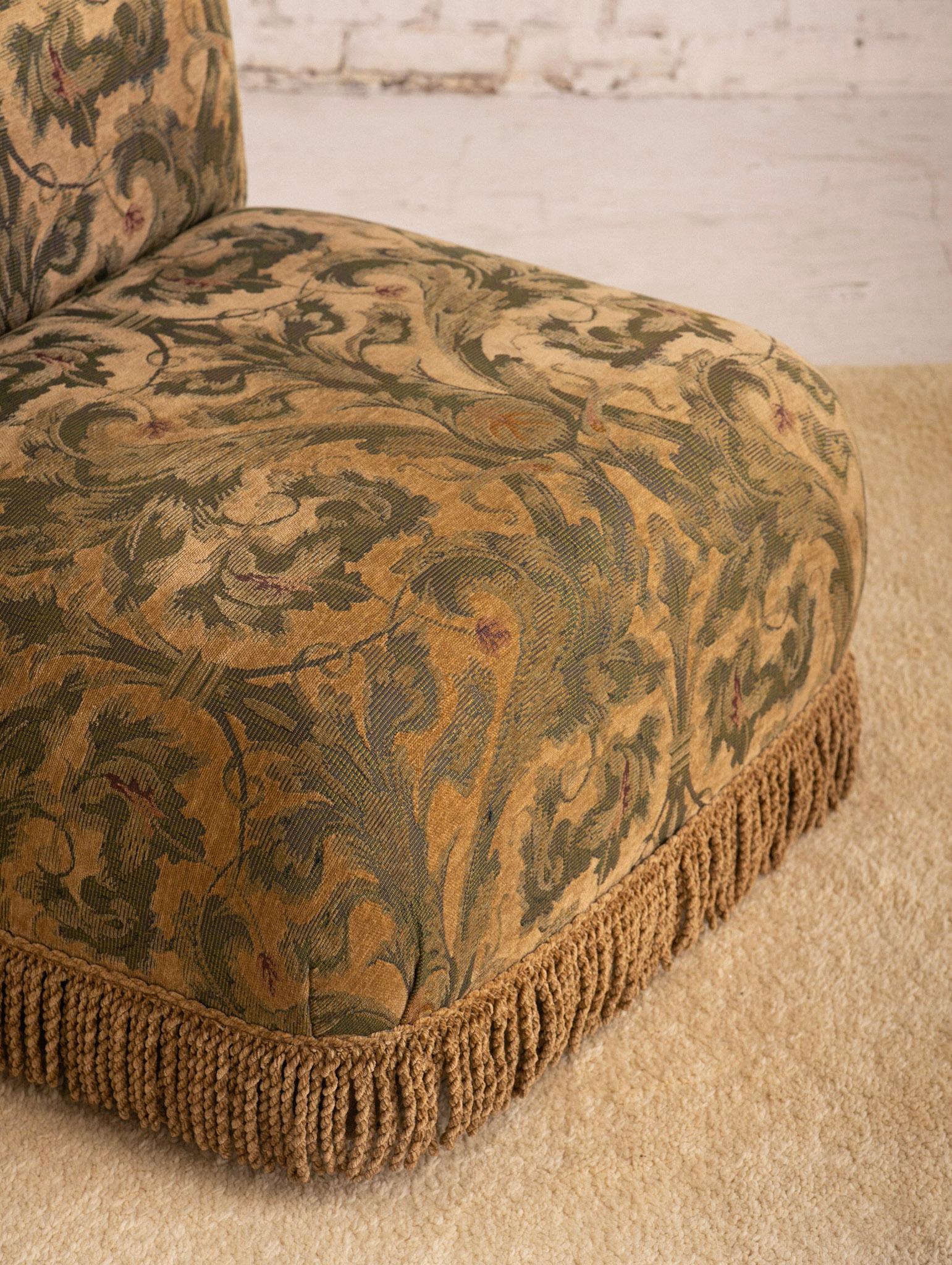 Post Modern Slipper Chair in Tapestry Print and Fringe Detail 1