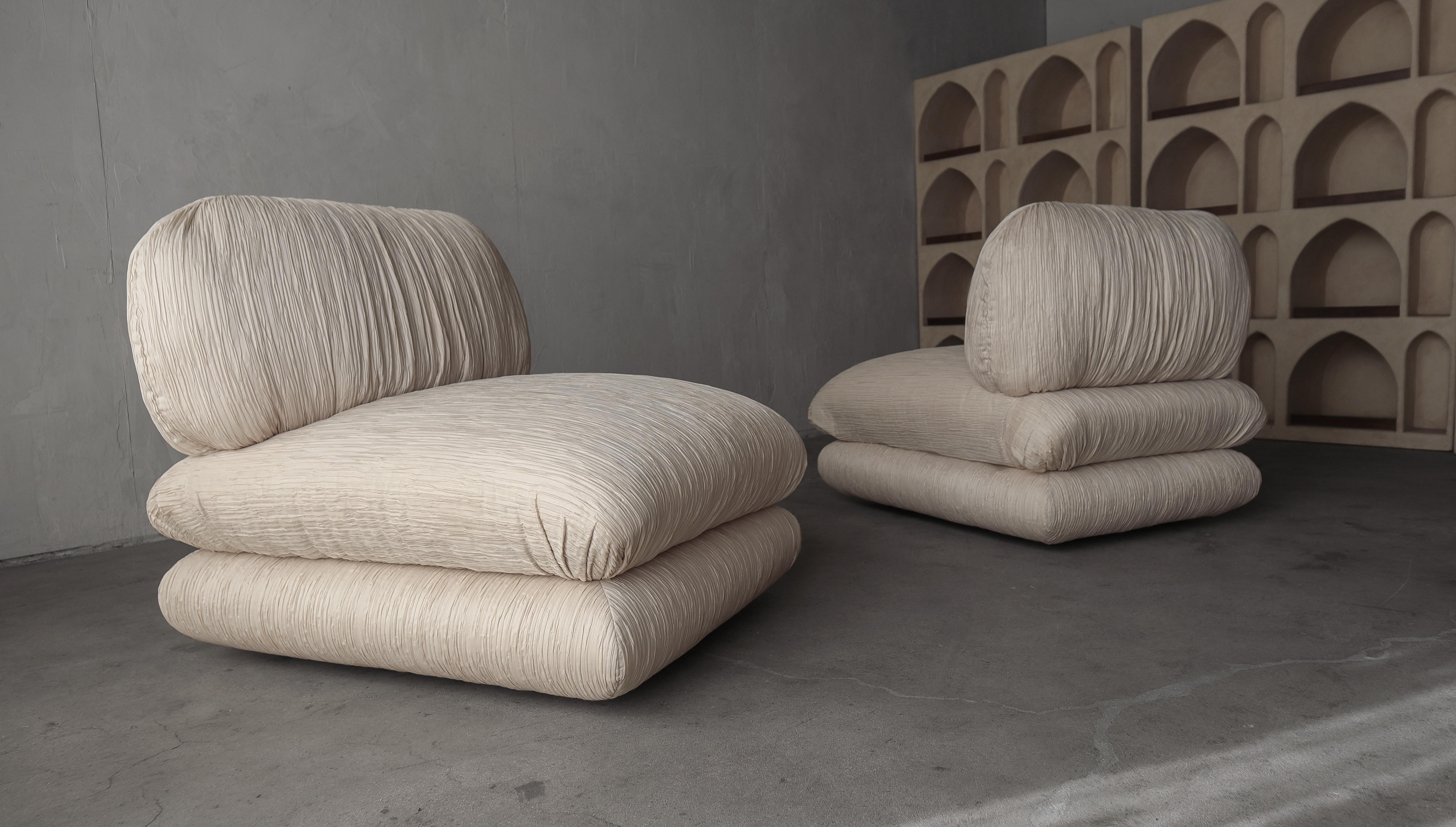 THESE CHAIRS!!

These Post-Modern chairs by Weiman epitomizes, functional art.  Their beauty exudes style and has the most gorgeous lines and shape from every angle.  We adore the ruched pleated original fabric, it adds so much texture and interest.