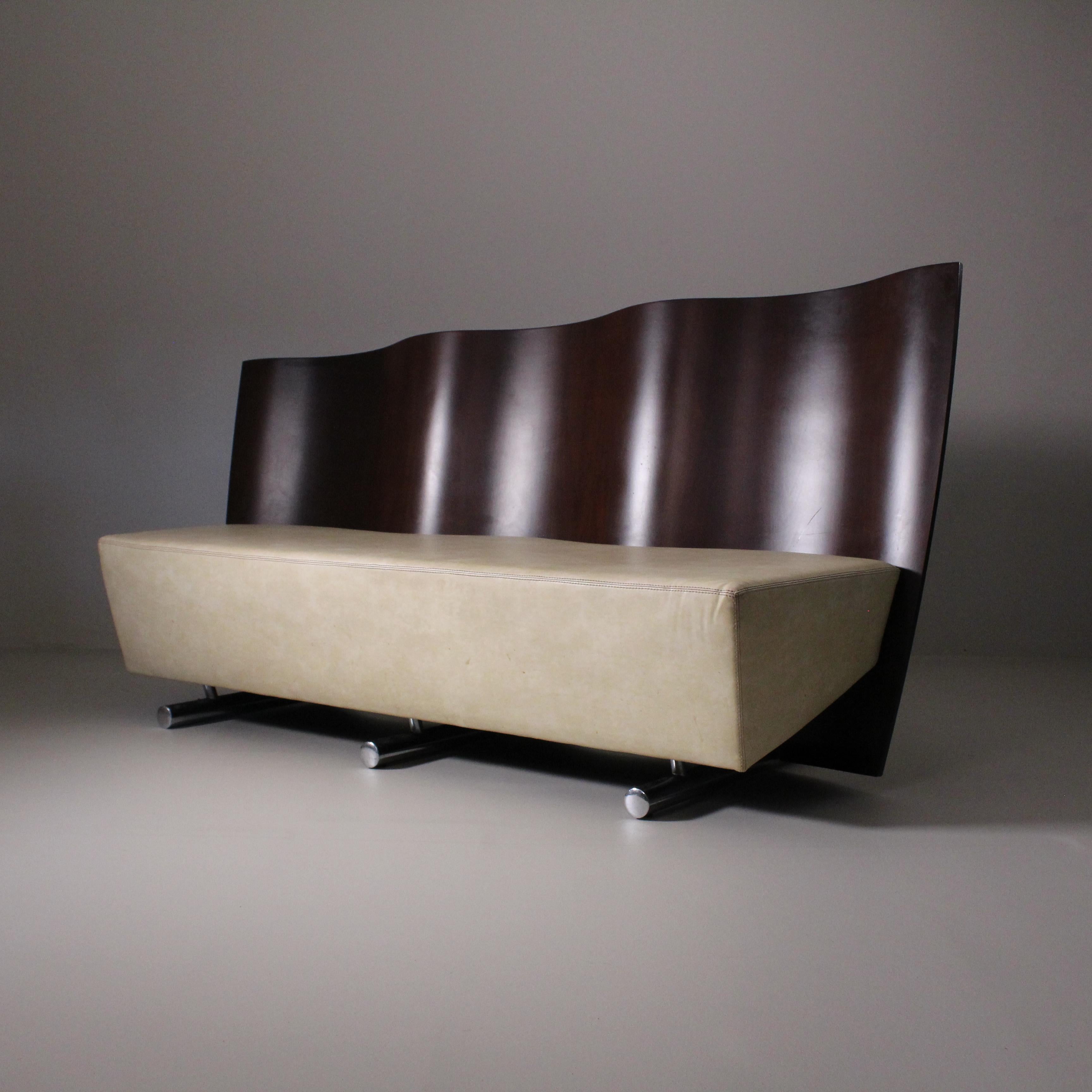 Late 20th Century Post-modern sofa, wood and leather For Sale