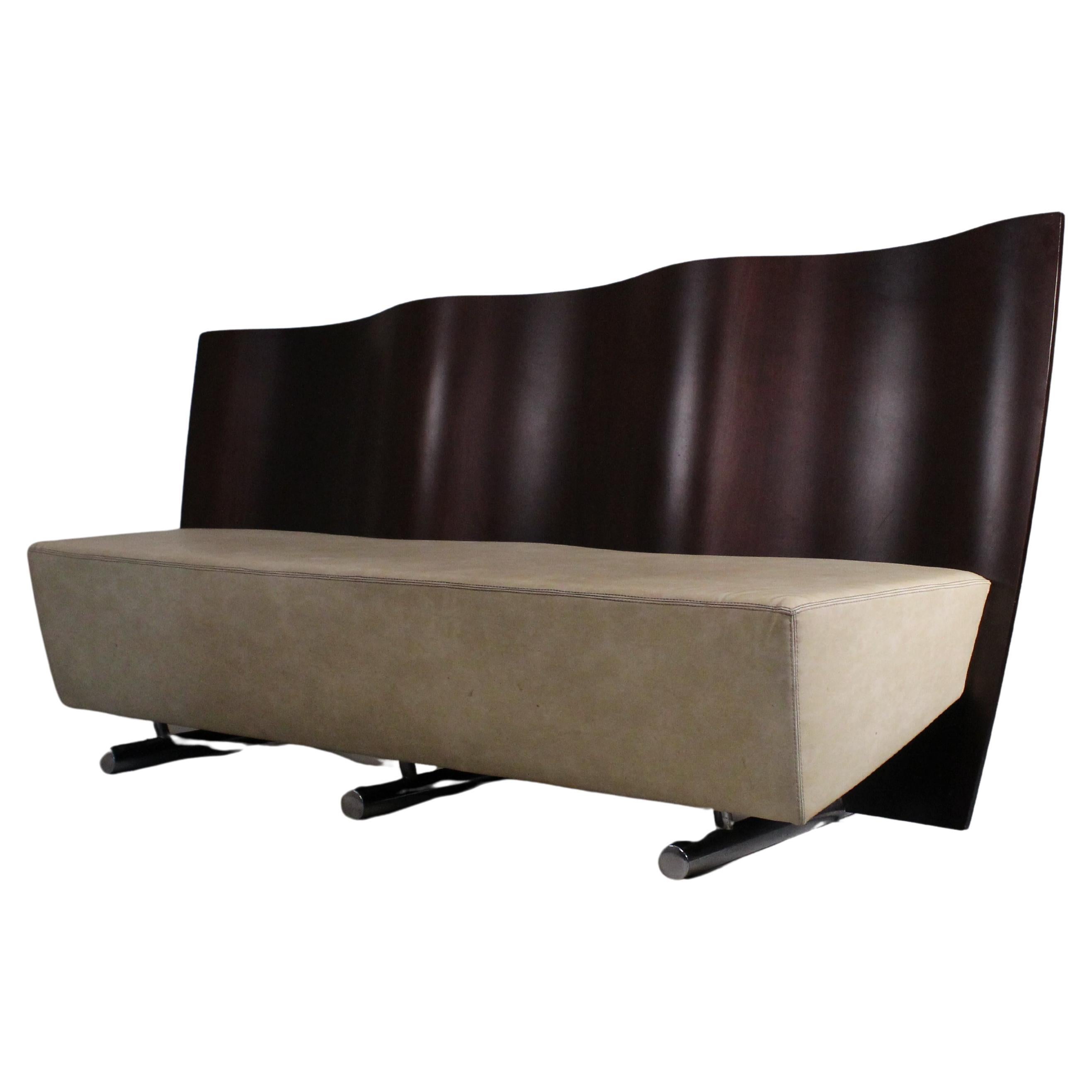 Post-modern sofa, wood and leather For Sale