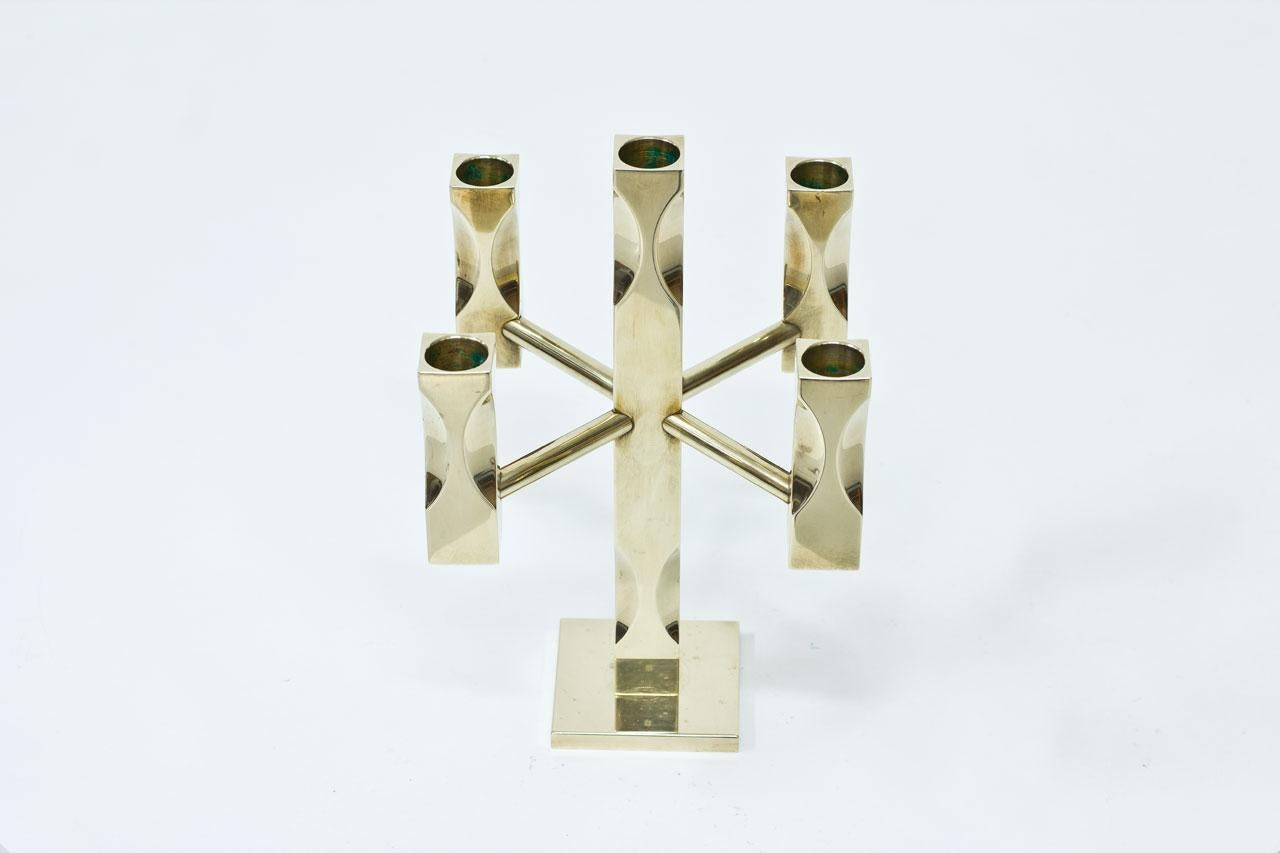 Solid brass candelabra produced by Vallonmässing in Sweden during the 1980s.