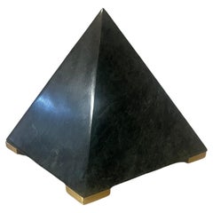 Post Modern solid Green Marble Pyramid with Brass Feet Sculpture