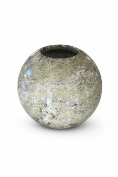 Post-Modern Solid Marble Orb Vase in Green Granite, Sculptural Stone Vessel