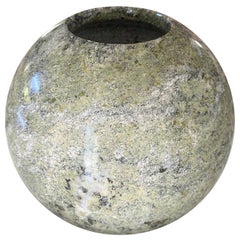 Post-Modern Solid Marble Orb Vase in Green Granite, Sculptural Stone Vessel