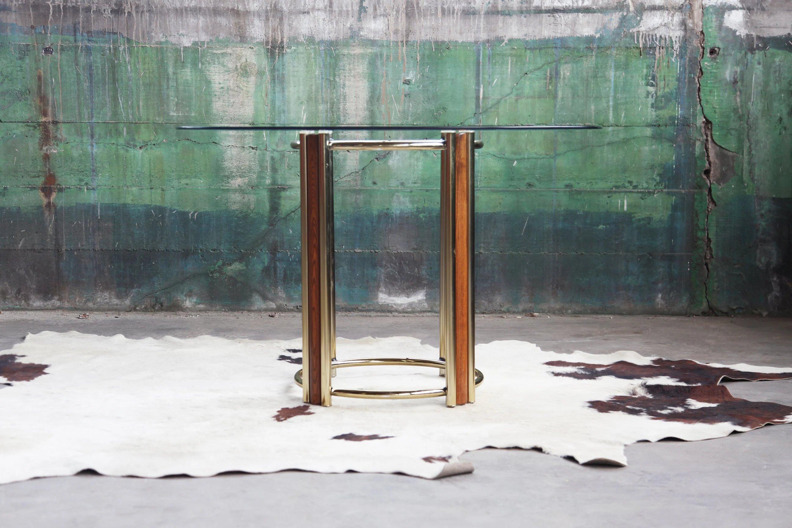 Post-Modern Post Modern Solid Wood, Brass and Beveled Glass Dining / Dinette Table-- 2 Piece