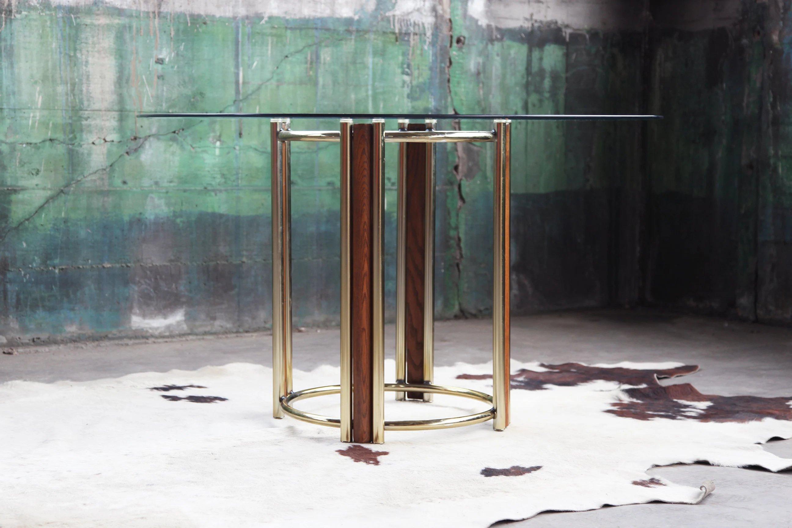 Post Modern Solid Wood, Brass and Beveled Glass Dining / Dinette Table-- 2 Piece In Good Condition In Madison, WI