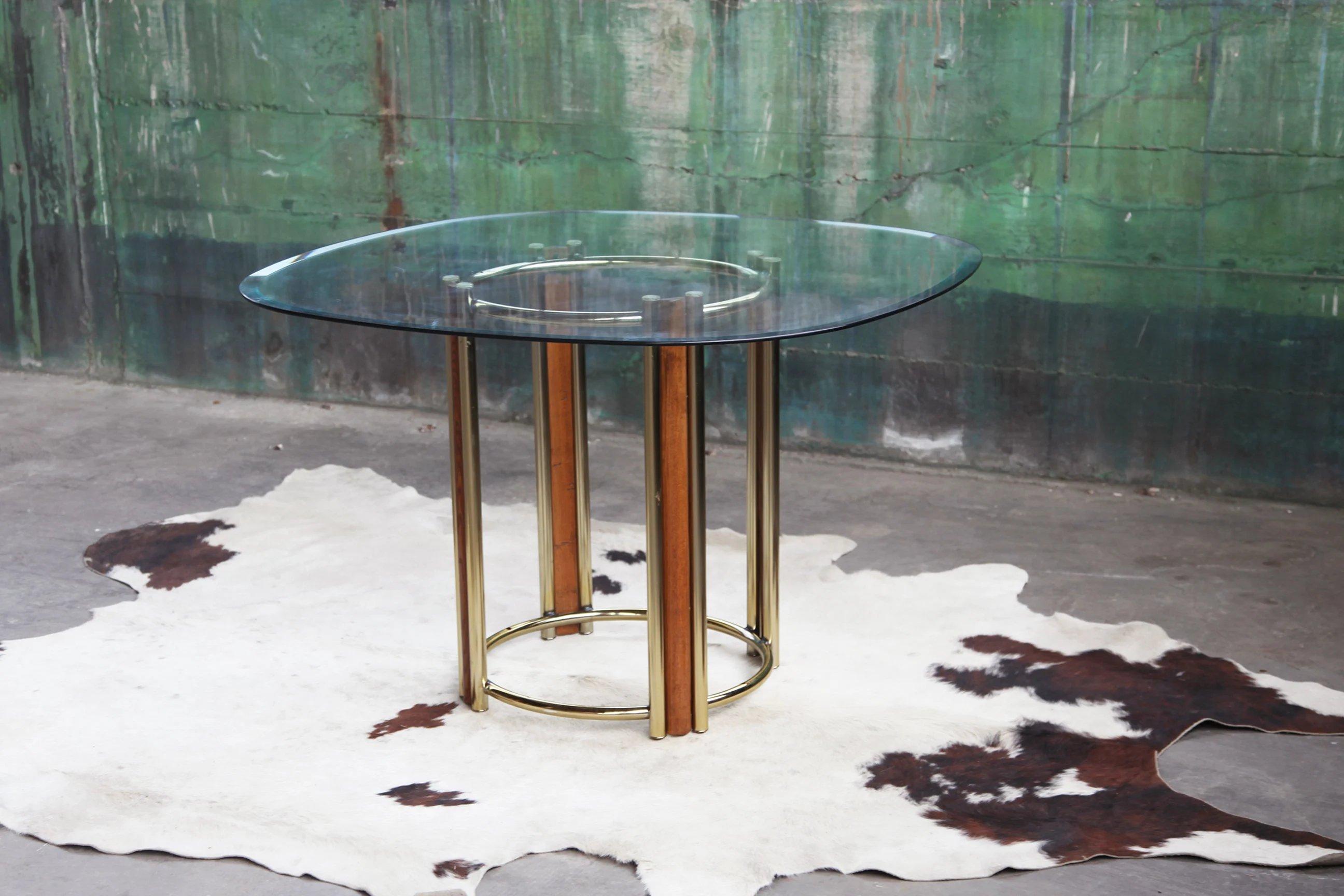 20th Century Post Modern Solid Wood, Brass and Beveled Glass Dining / Dinette Table-- 2 Piece
