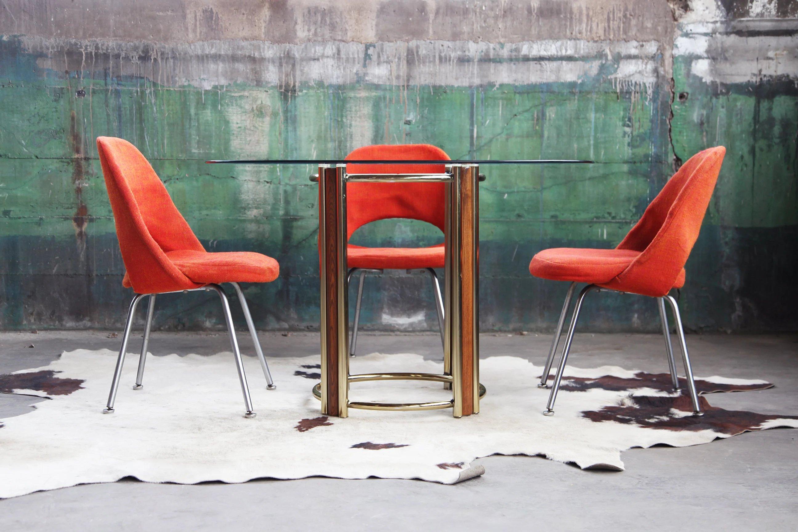 Post Modern Solid Wood, Brass and Beveled Glass Dining / Dinette Table-- 2 Piece 2