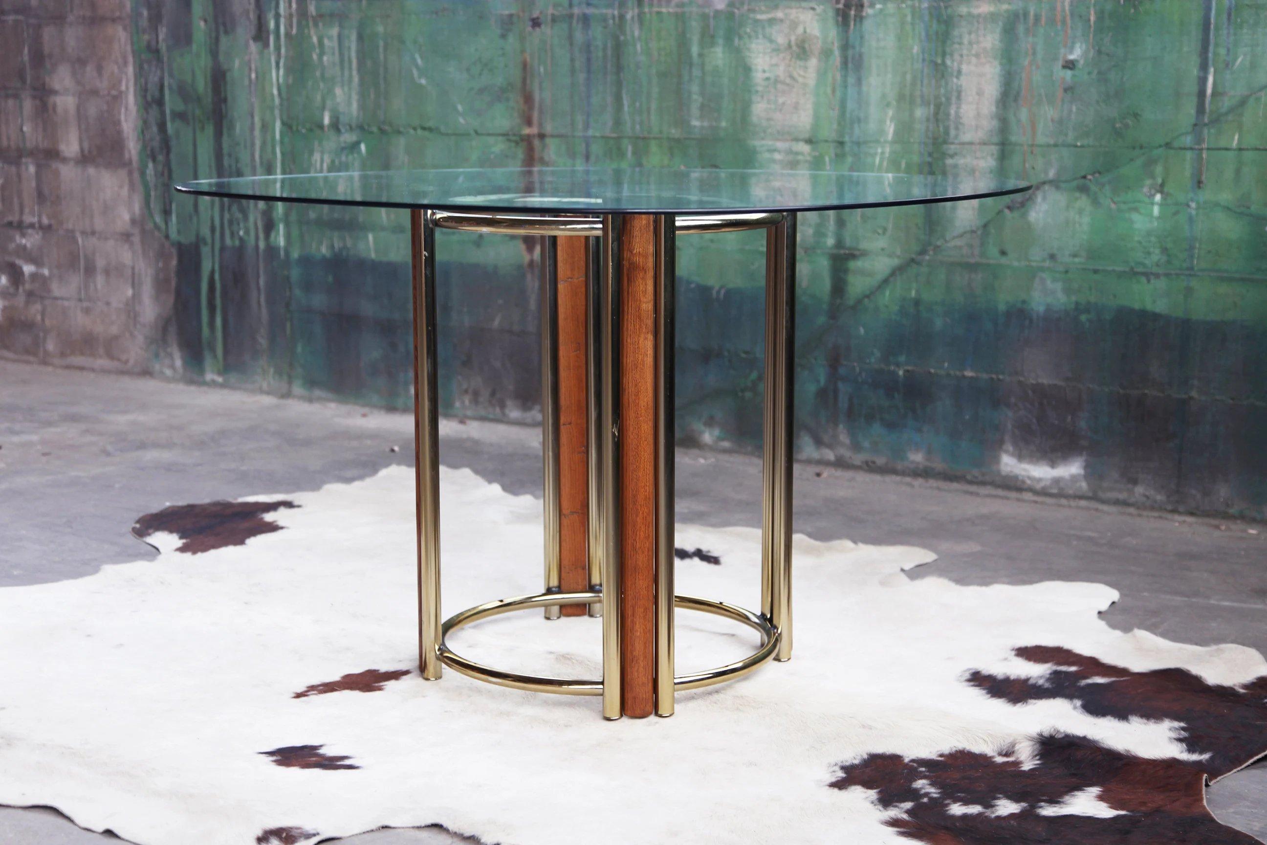 Post Modern Solid Wood, Brass and Beveled Glass Dining / Dinette Table-- 2 Piece 3