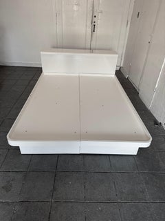 Post modern space age gloss white laminate queen platform bed with headboard