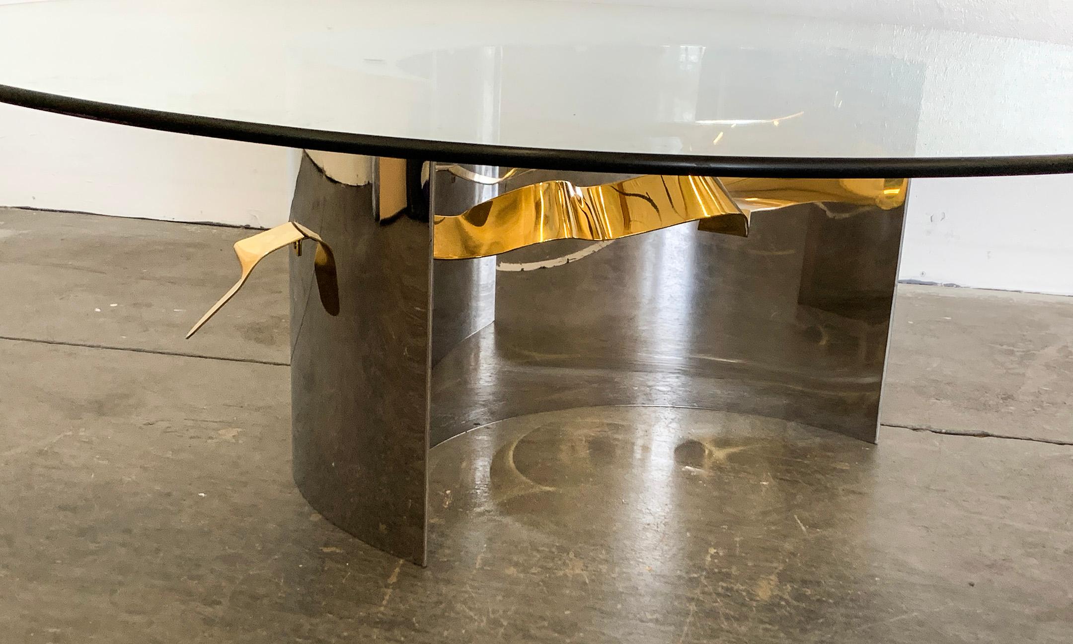 Post-Modern Postmodern Stainless Steel and Brass Ribbon Coffee Table, 1980s