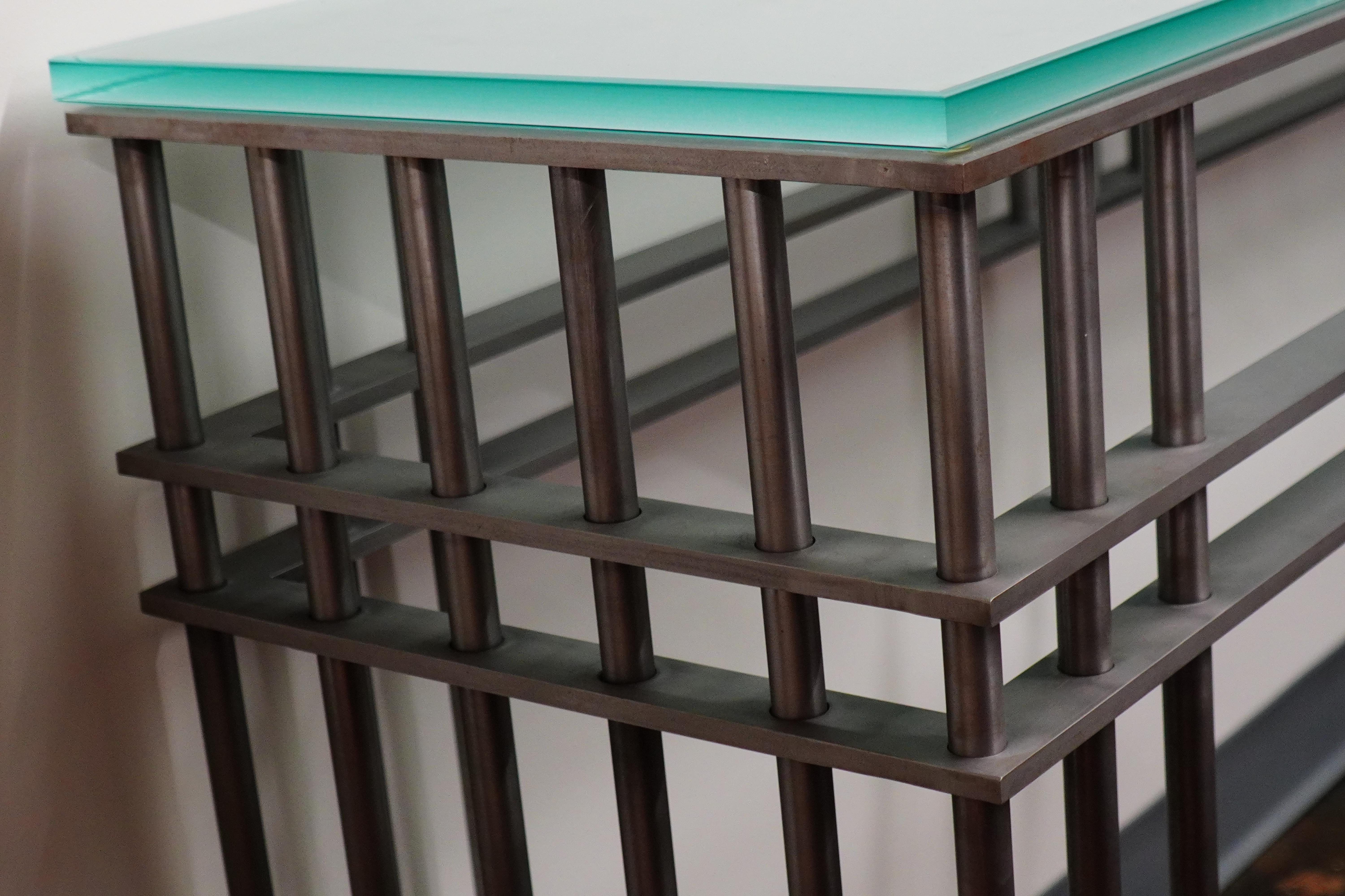 Late 20th Century Post-Modern Steel and Glass Console Table in the manner of Jean-Michel Wilmotte For Sale