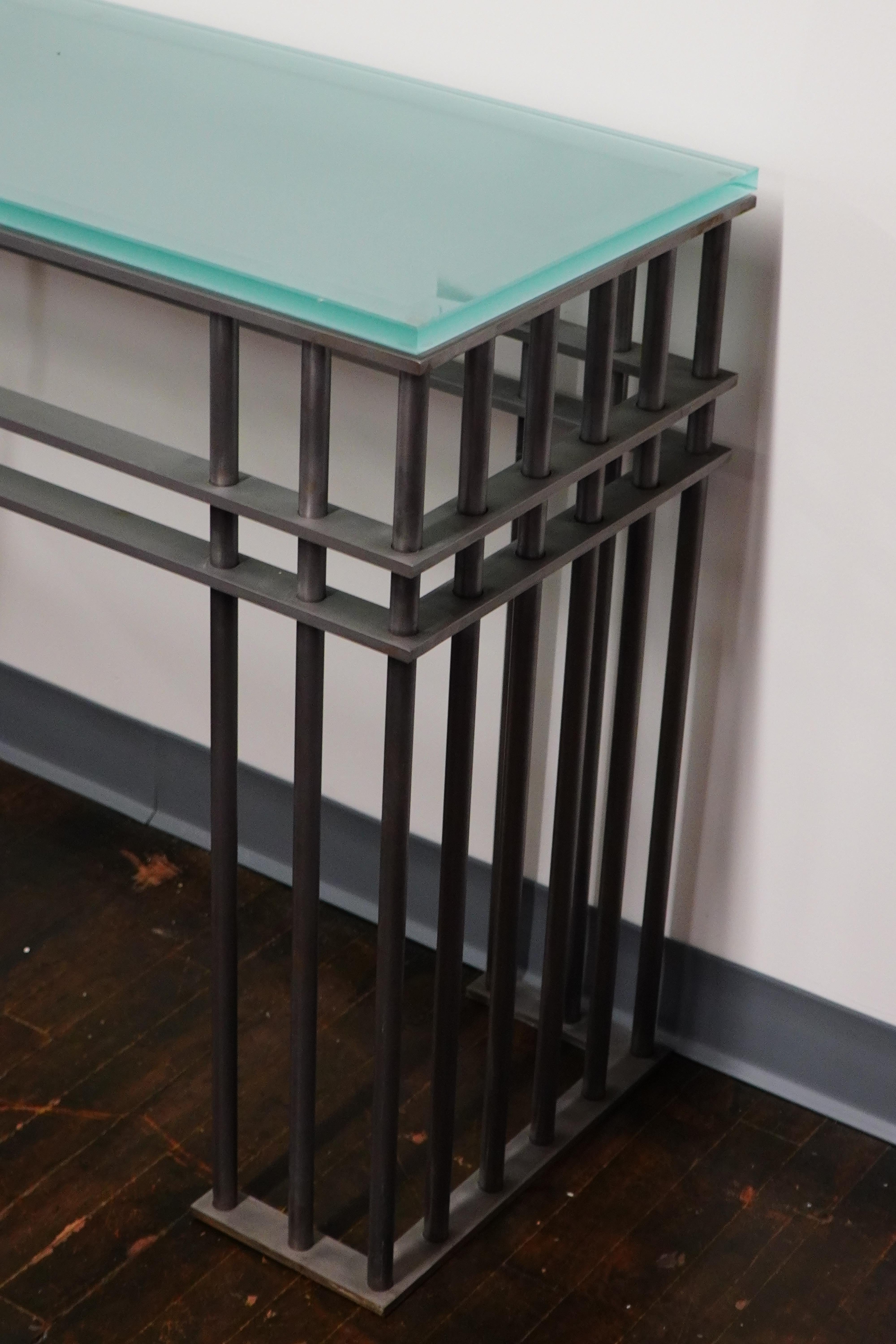 Post-Modern Steel and Glass Console Table in the manner of Jean-Michel Wilmotte For Sale 3