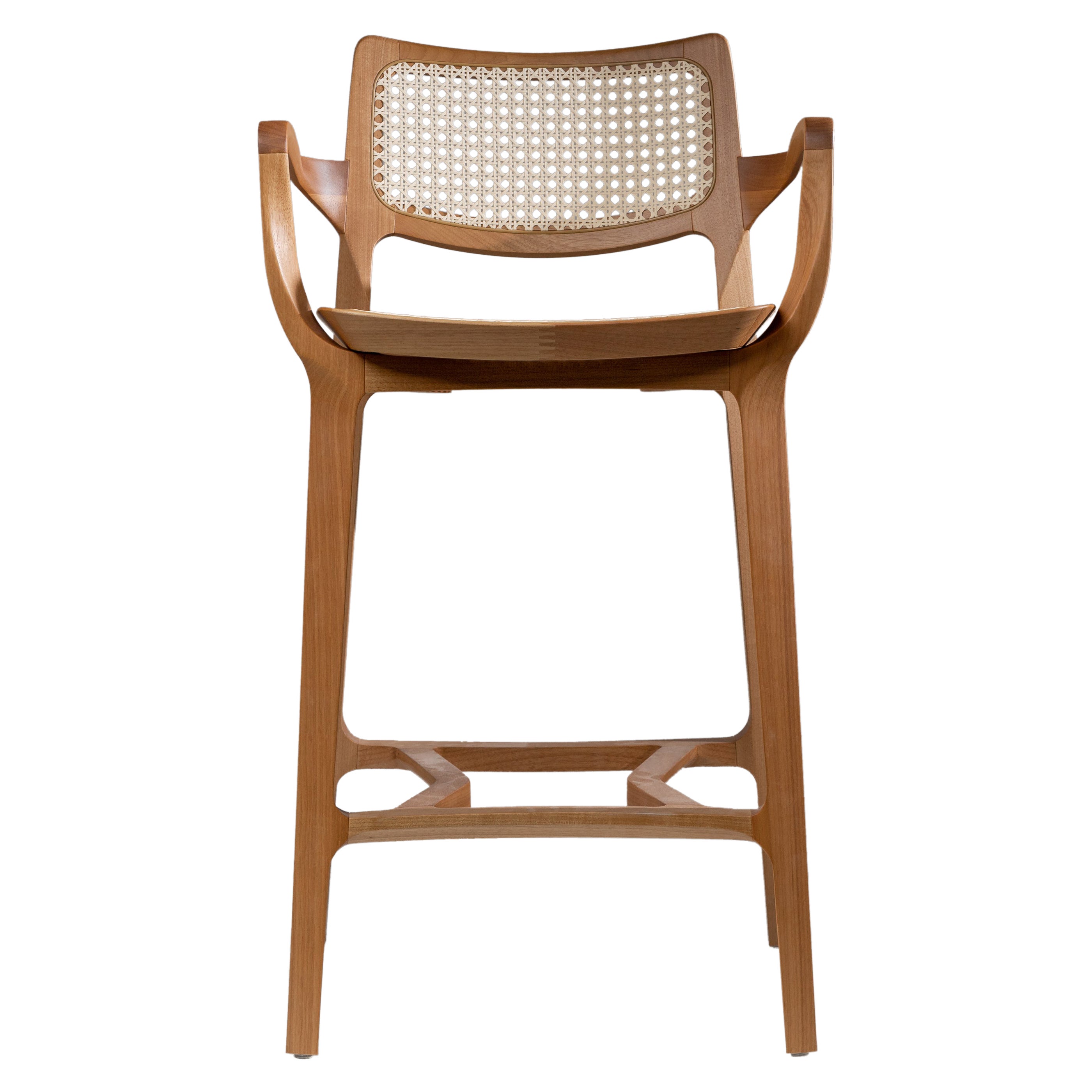 Post Modern Stool in Solid Wood, Cane Back and Leather, Counter or Bar Height