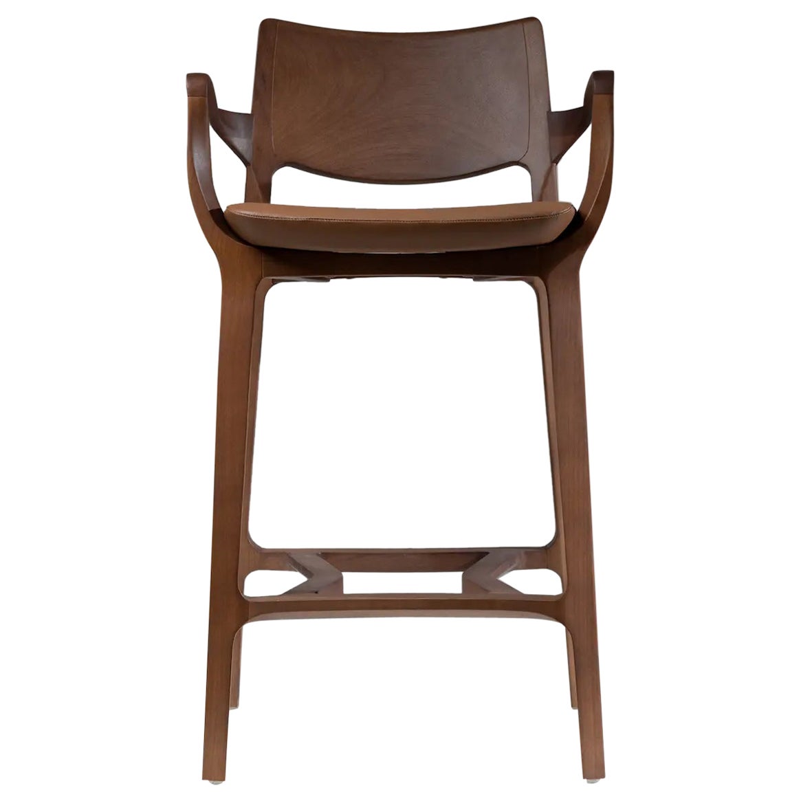 Postmoderner Hocker in Nussbaumholz-Finish, Sitzfläche aus Leder mit Rohrrückenlehne aus Leder oder Barhöhe
