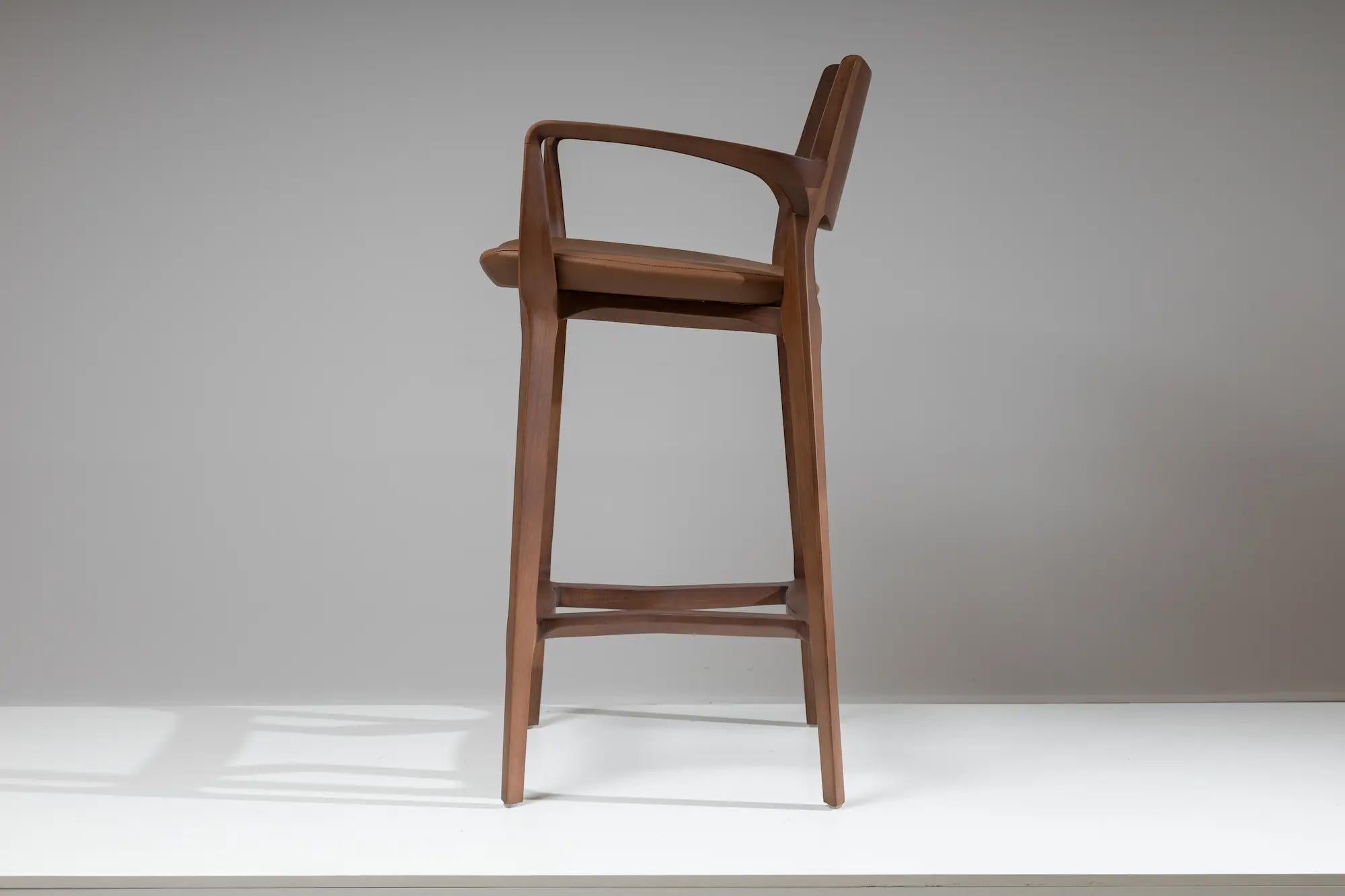 Brazilian Post Modern Stool in Walnut Finish, Cane Back Leather Seat, Counter or Bar Hight For Sale