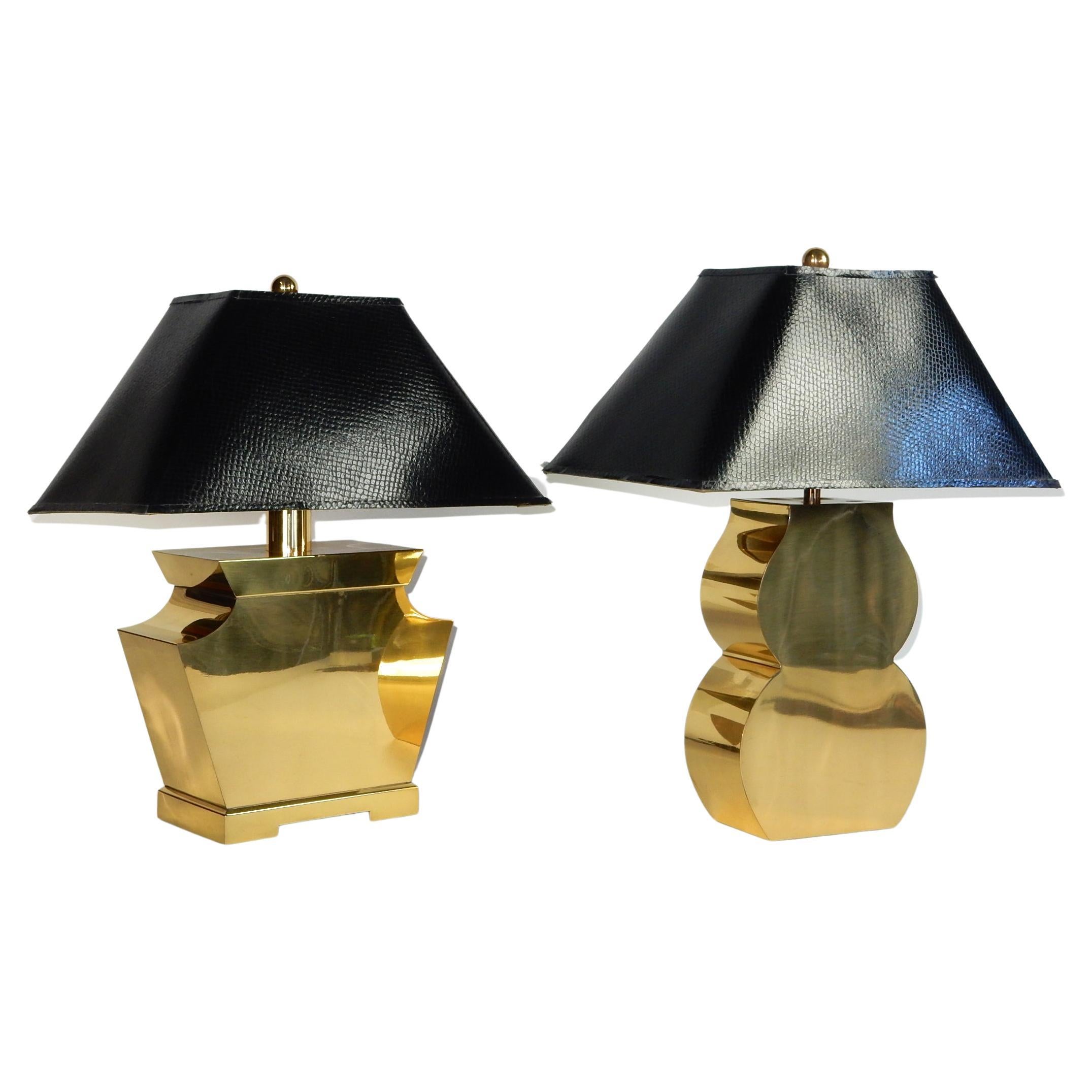 Post-Modern Streamline Brass "Shapes" Lamps with Faux Black Reptile Skin Shades For Sale