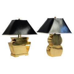Post-Modern Streamline Brass "Shapes" Lamps with Faux Black Reptile Skin Shades