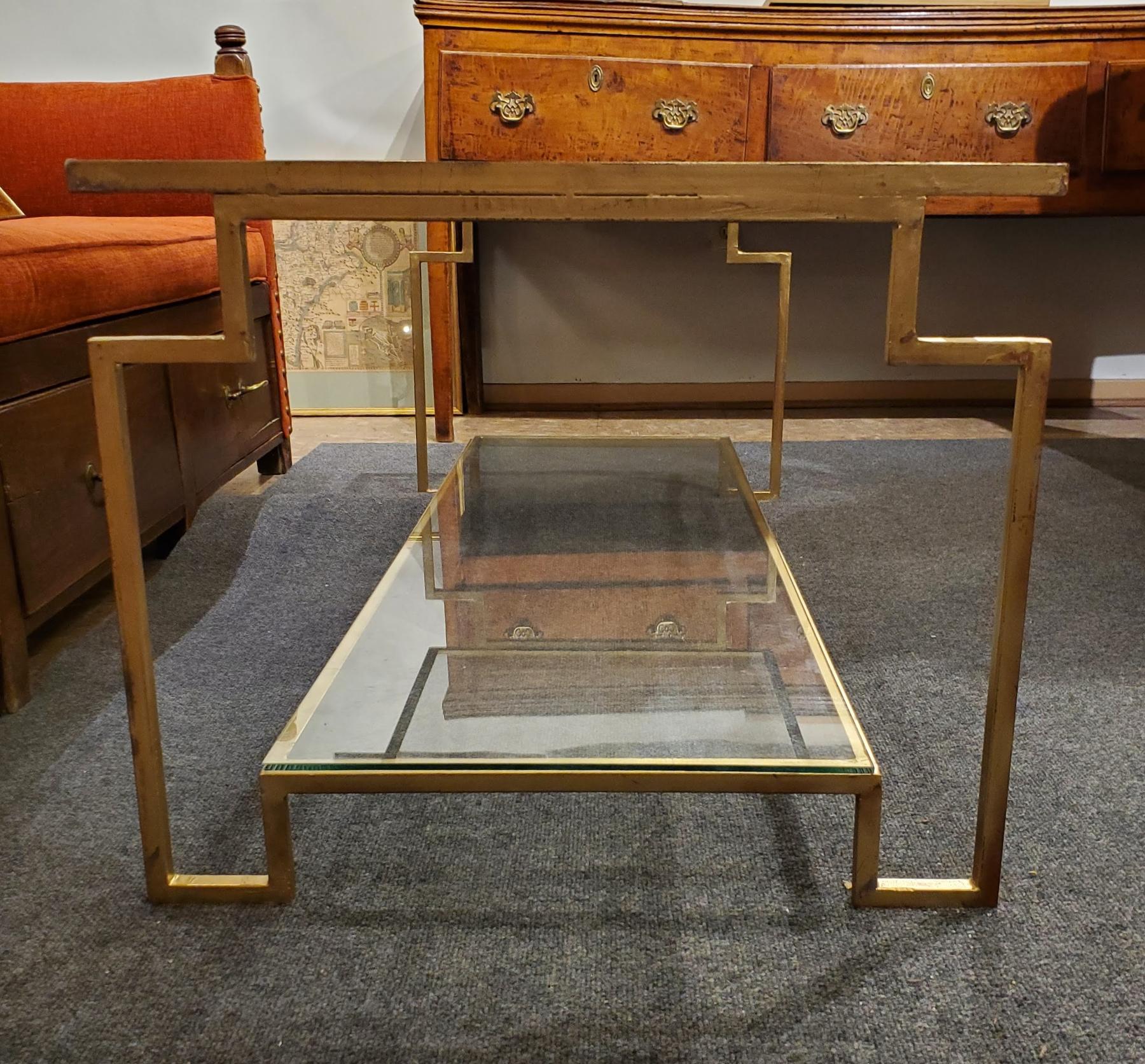 Post-Modern Post Modern Style “Apollo” Gilt Metal Coffee Table with Glass Top & Bottom Shelf For Sale