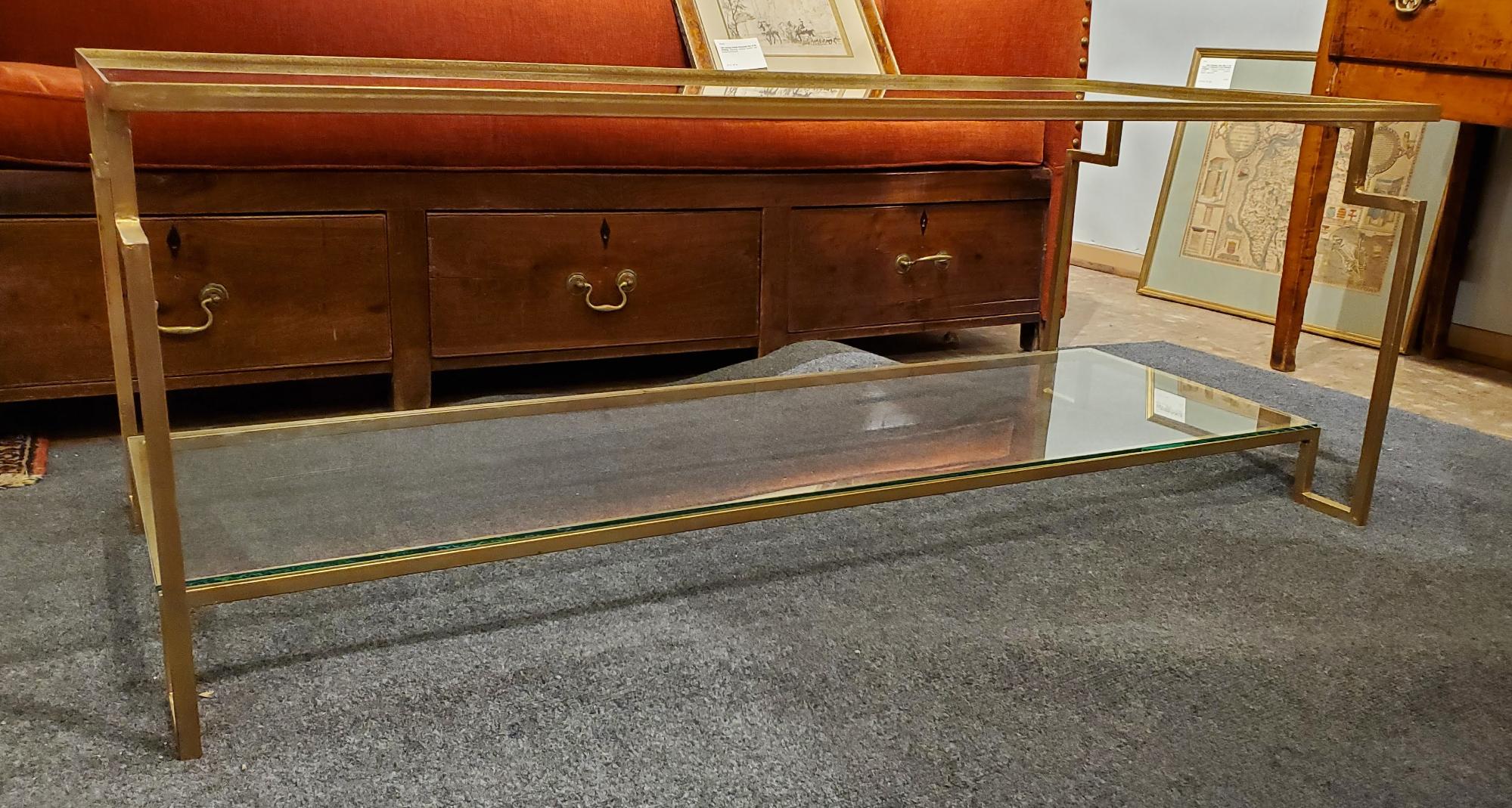 American Post Modern Style “Apollo” Gilt Metal Coffee Table with Glass Top & Bottom Shelf For Sale