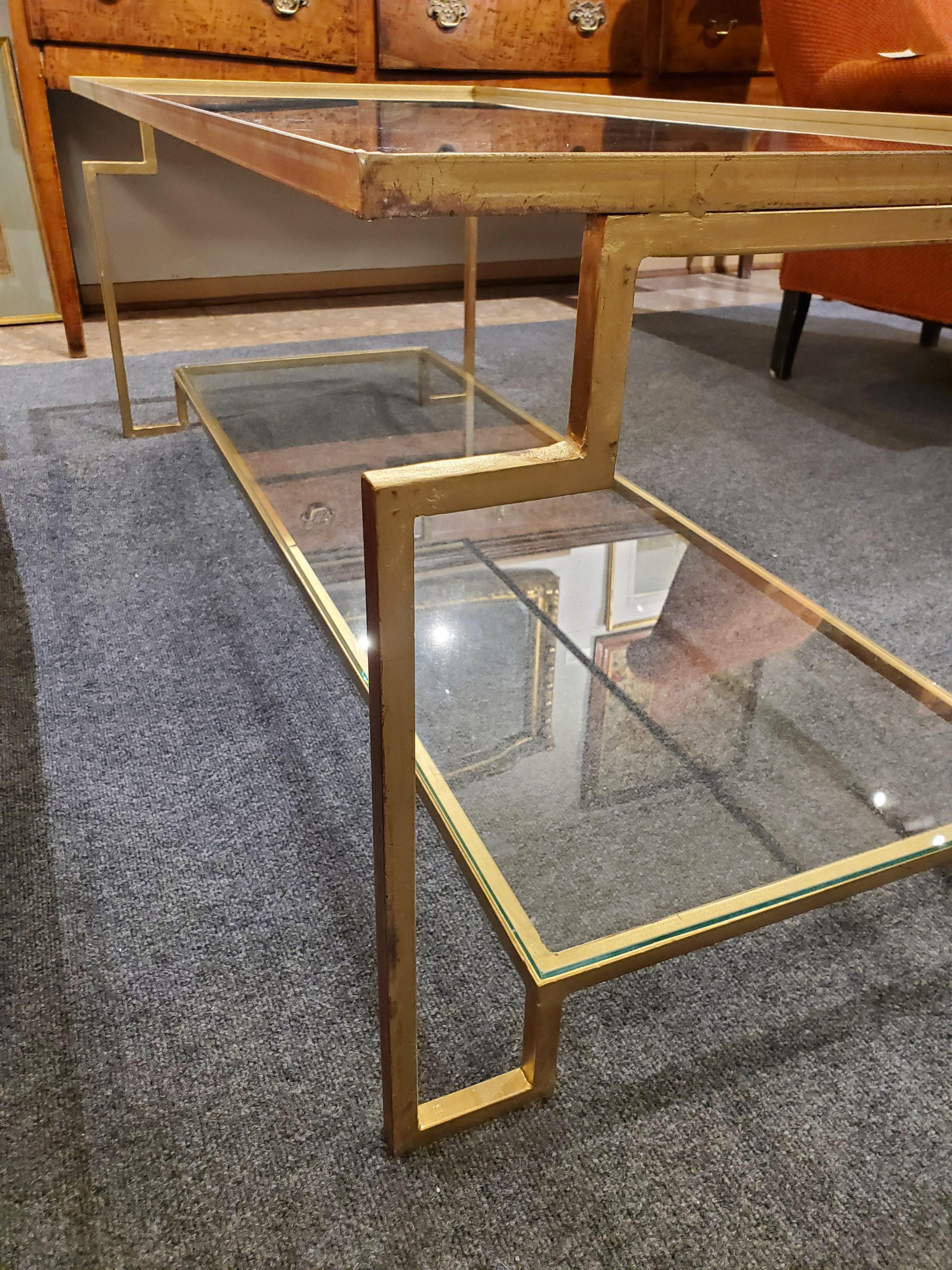 Contemporary Post Modern Style “Apollo” Gilt Metal Coffee Table with Glass Top & Bottom Shelf For Sale