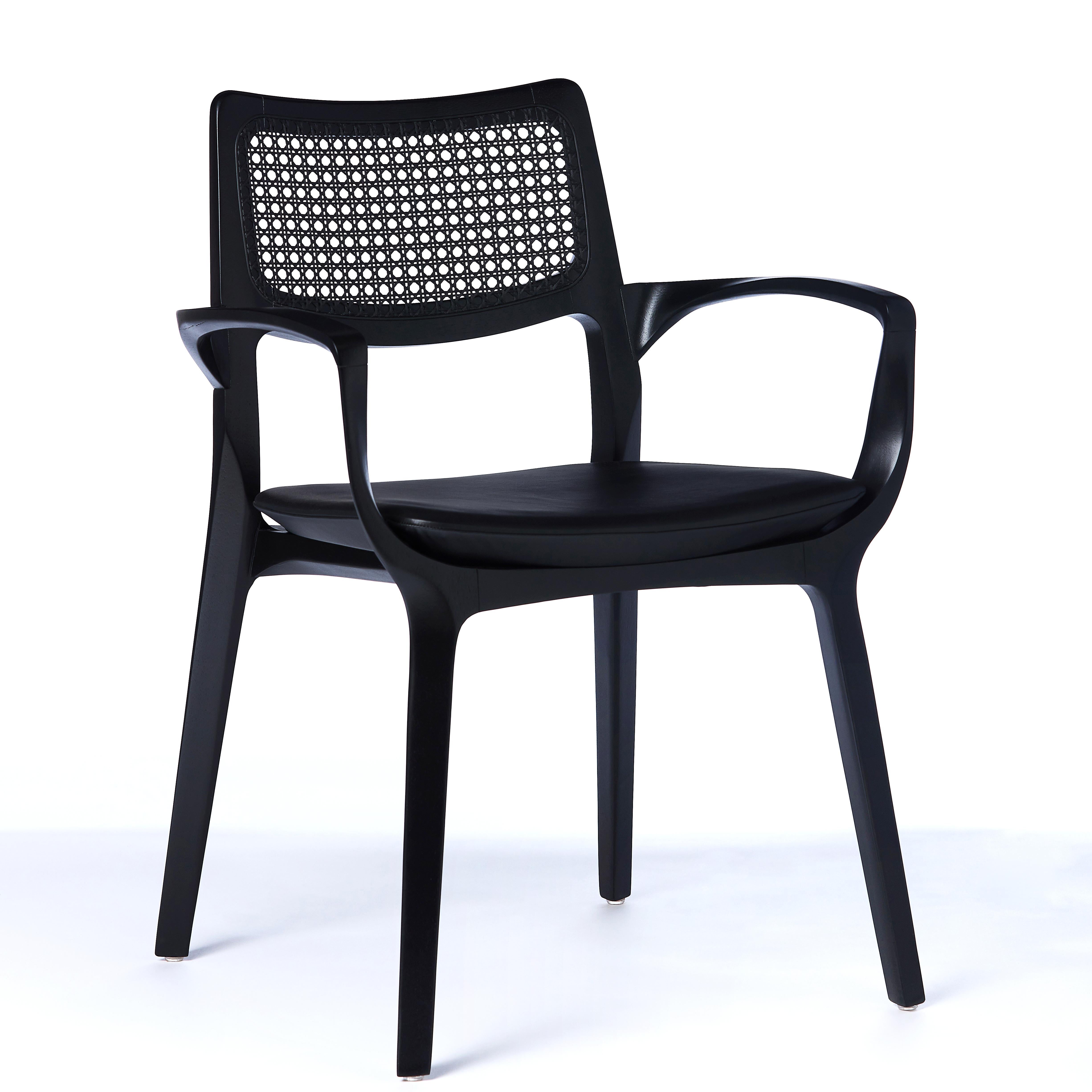 Post-Modern Style Aurora Chair in Black Ebonized with Cane Back and Leather For Sale 7