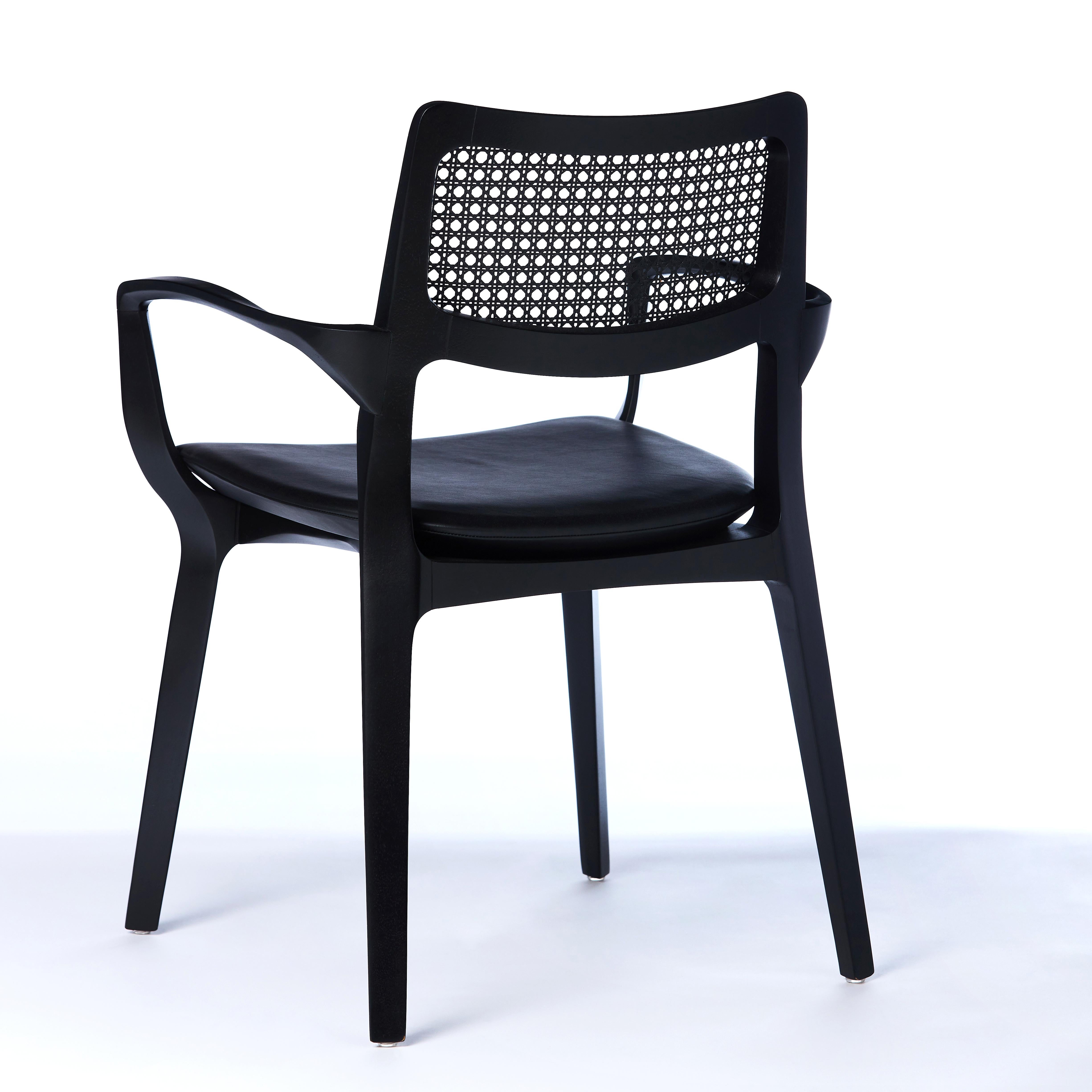 Caning Post-Modern Style Aurora Chair in Black Ebonized with Cane Back and Leather For Sale