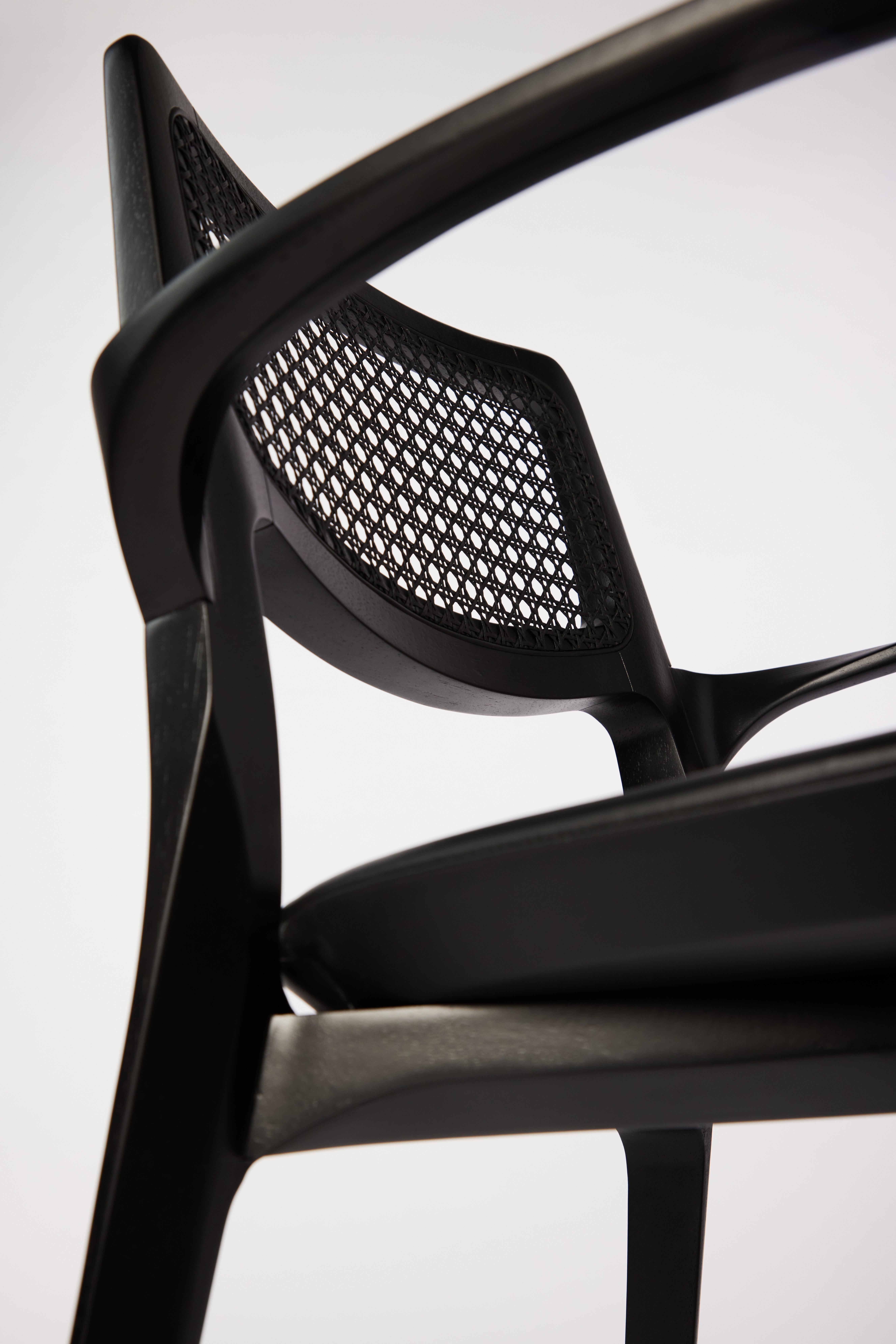 Contemporary Post-Modern Style Aurora Chair in Black Ebonized with Cane Back and Leather For Sale
