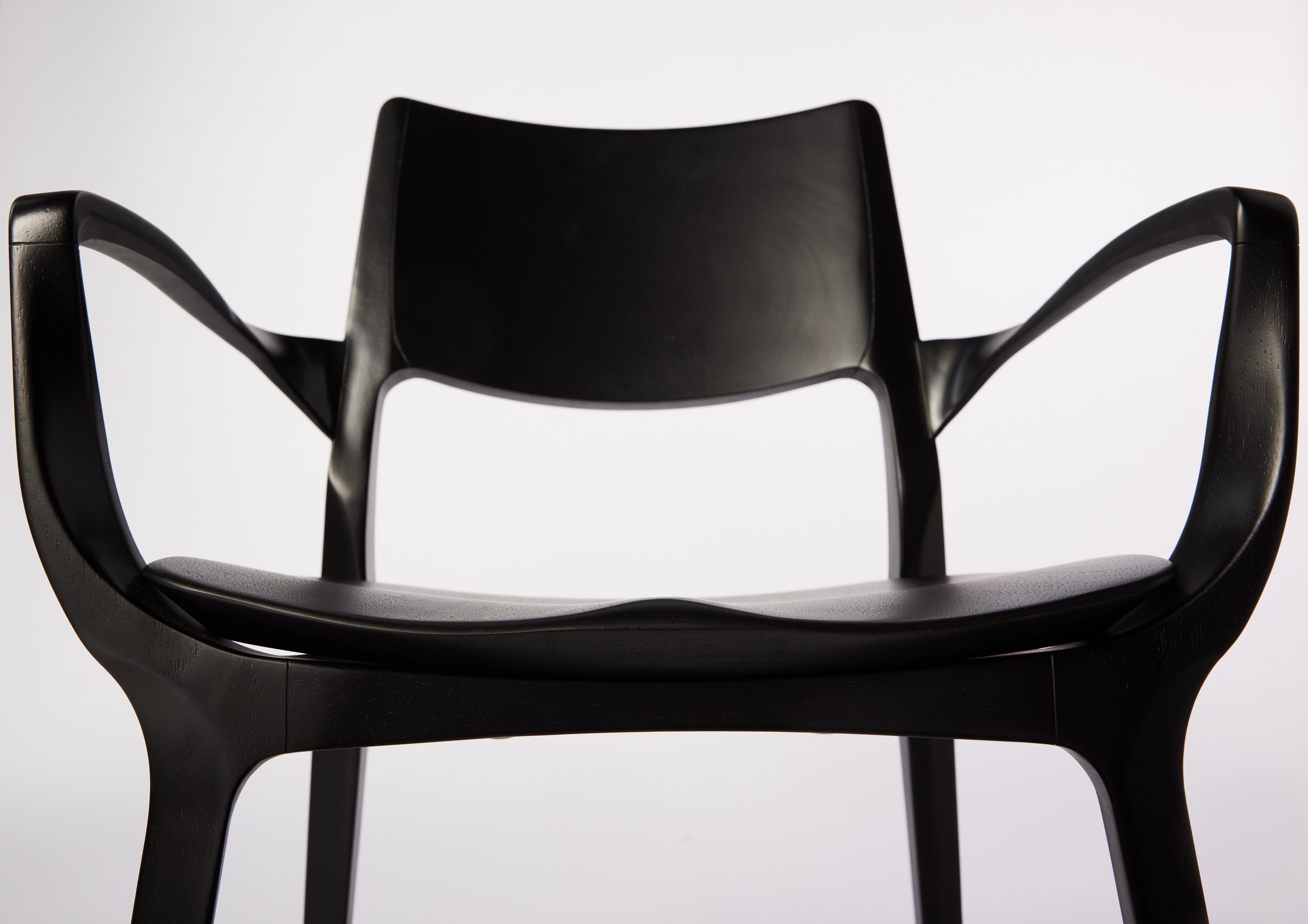 Caning Post-Modern Style Aurora Chair in Sculpted Black Ebonized Solid Wood For Sale