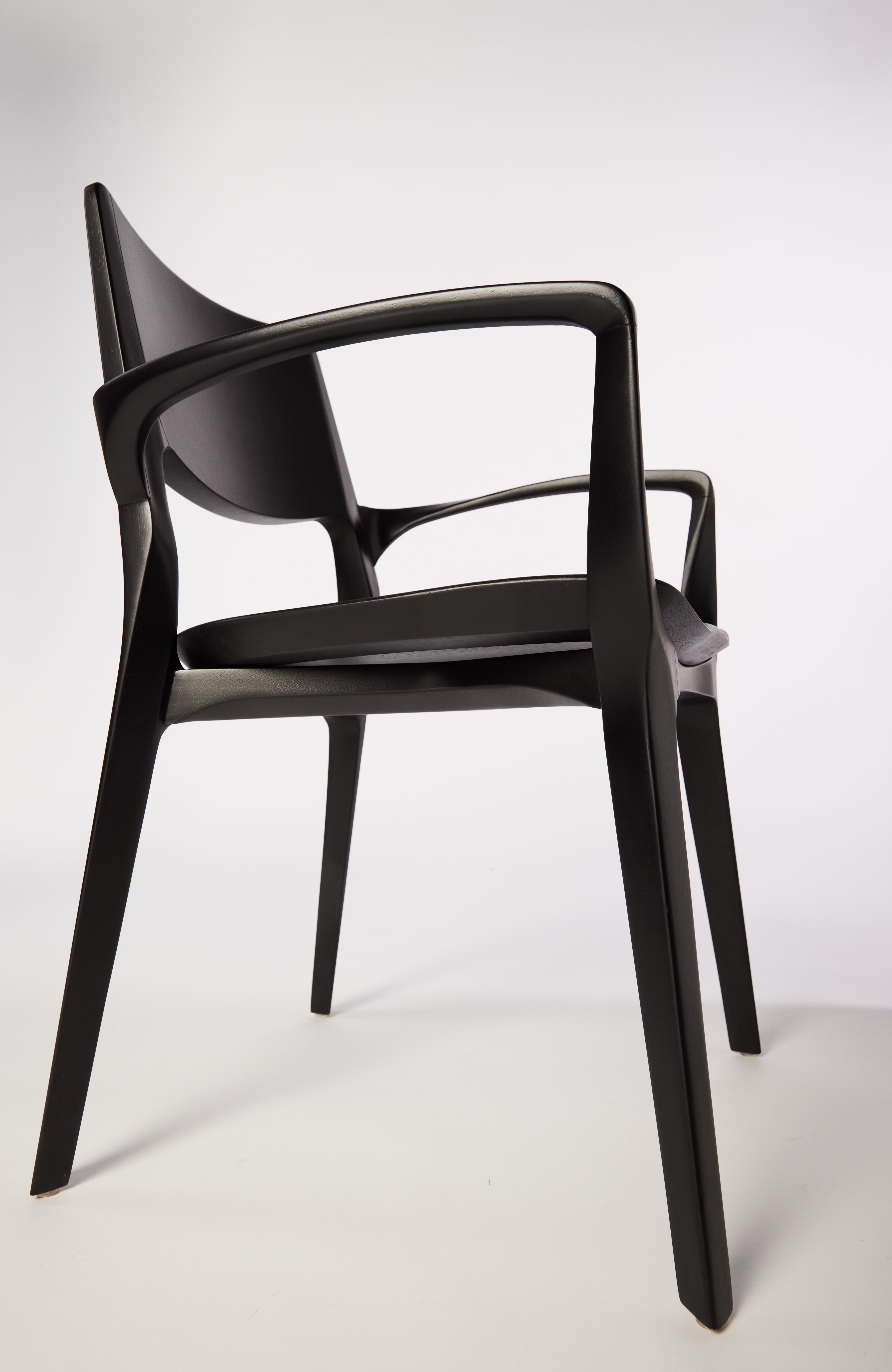 Leather Post-Modern Style Aurora Chair in Sculpted Black Ebonized Solid Wood For Sale