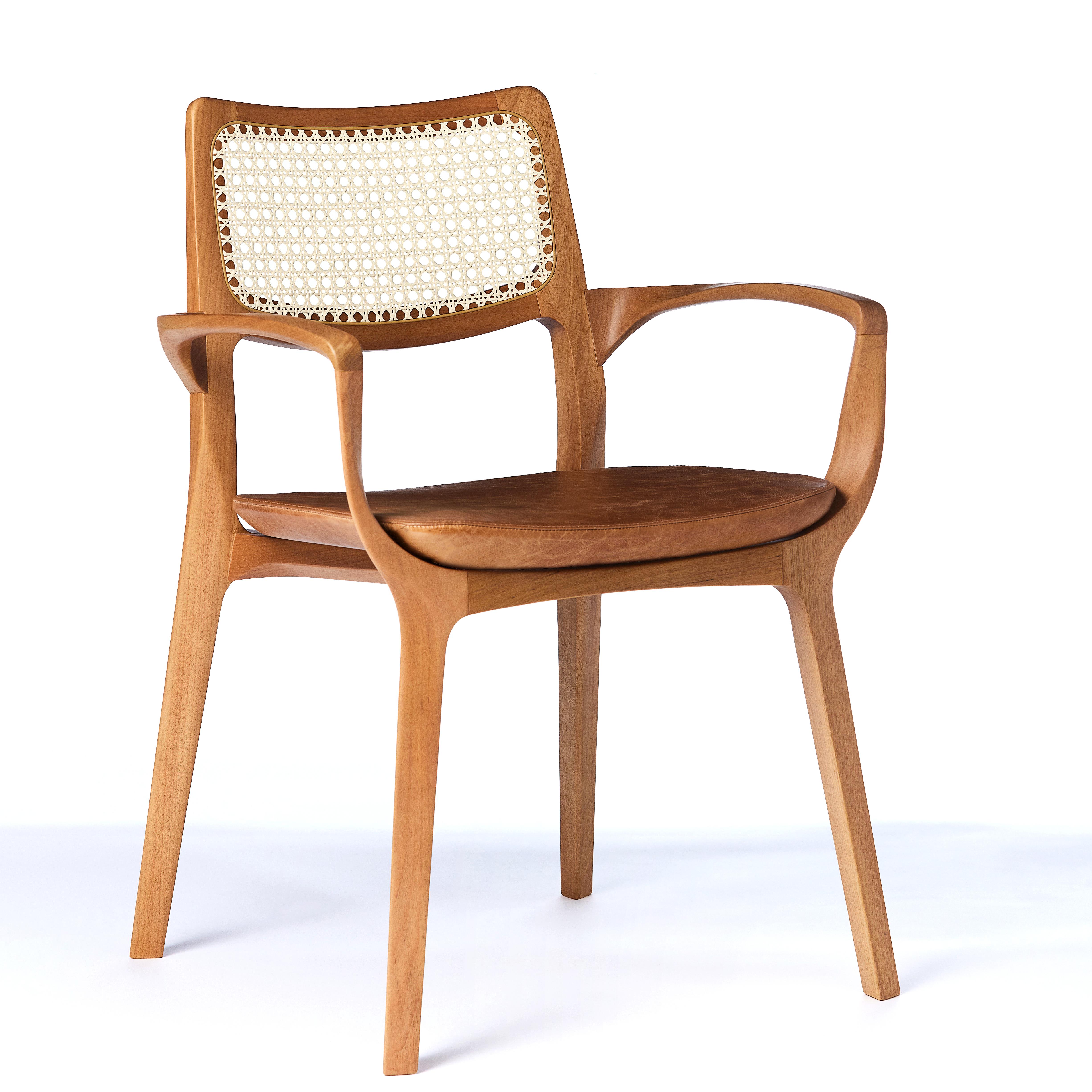 Caning Post-Modern Style Aurora Chair in Sculpted Solid Wood and Upholstery For Sale