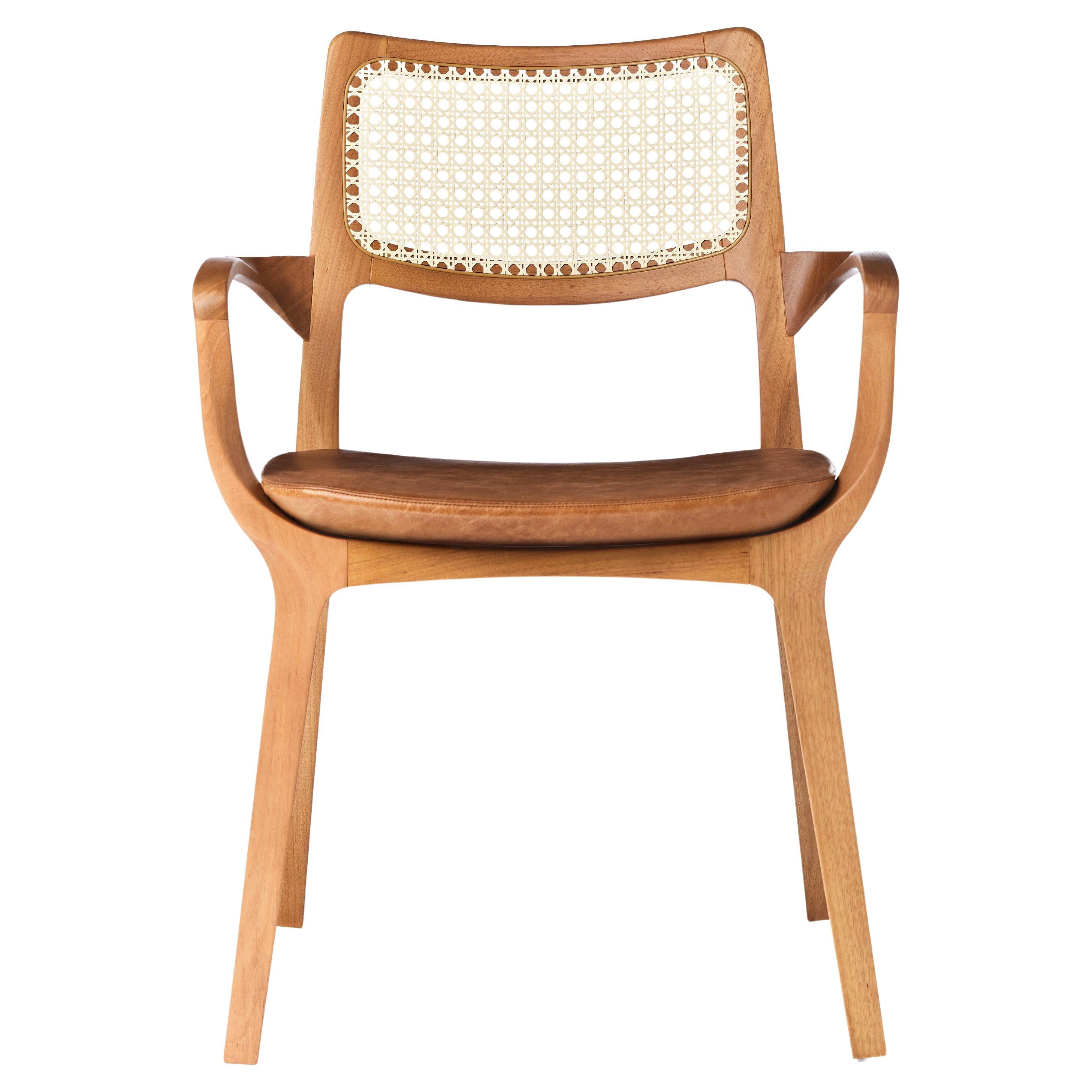 Post-Modern Style Aurora Chair in Sculpted Solid Wood with Cane Back and Leather