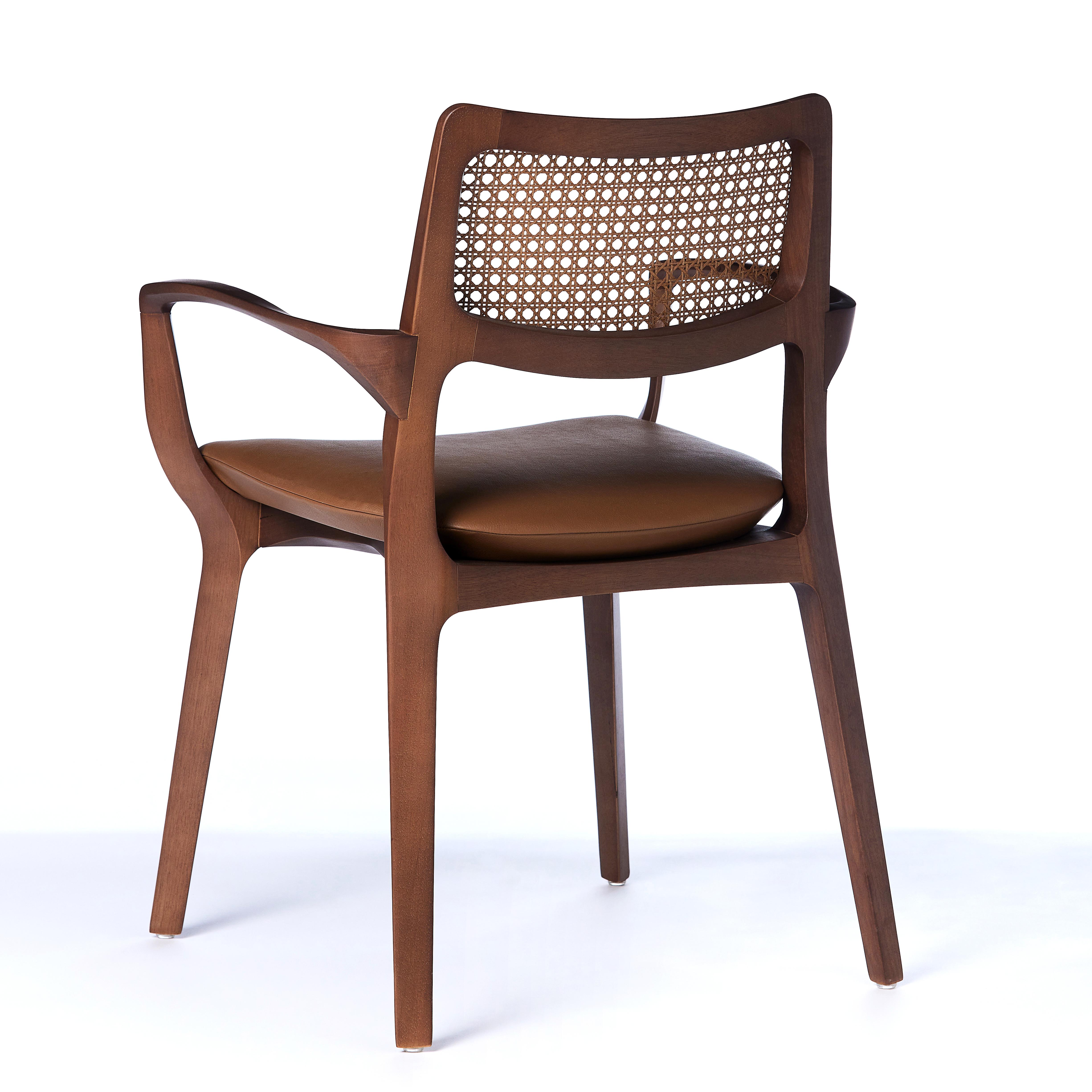 Brazilian Post-Modern Style Aurora Chair in Sculpted Walnut Finish with Cane and Leather For Sale