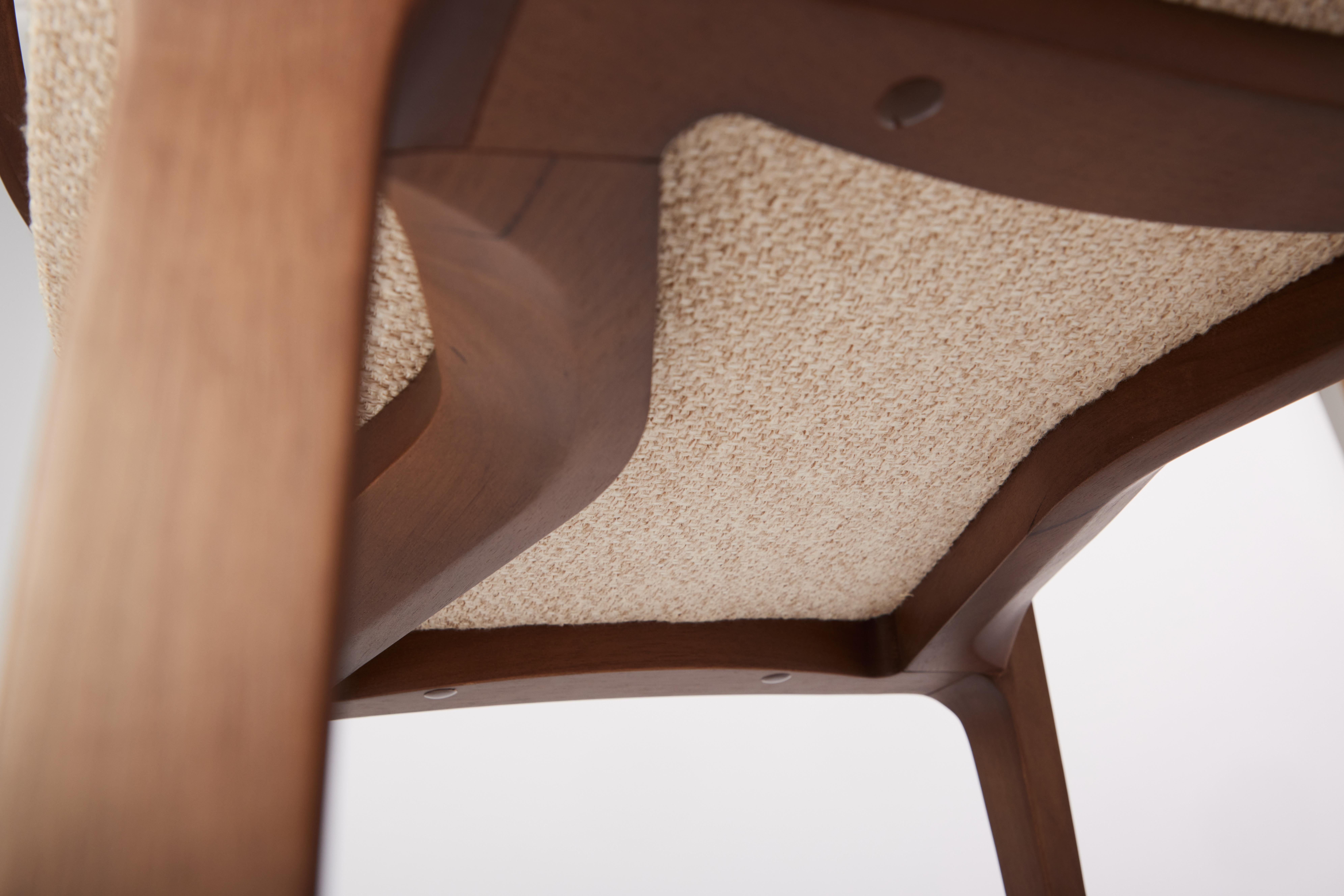 Leather Post-Modern Style Aurora Chair in Walnut Finish with Wooden Back and Textile For Sale