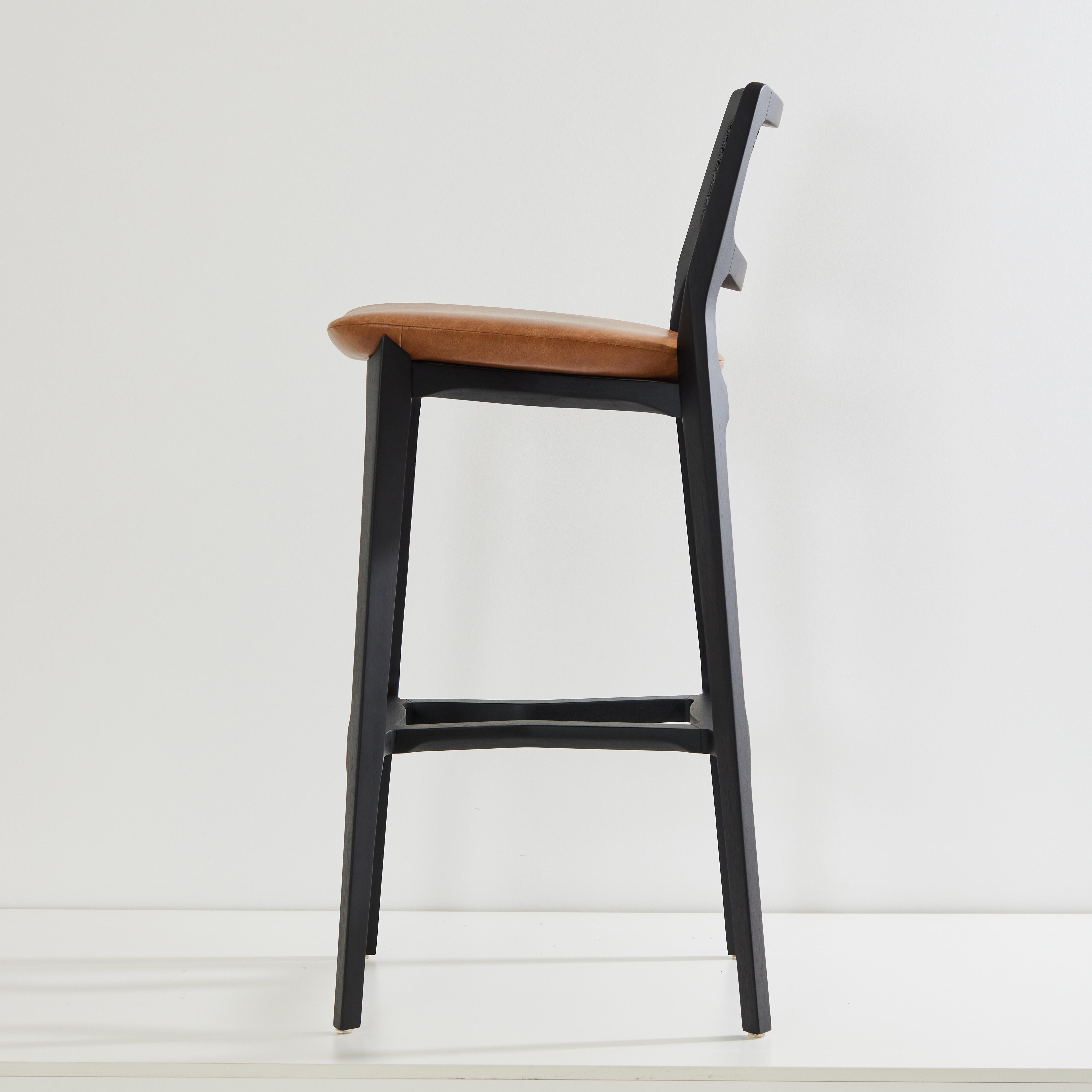 Caning Post-Modern Style stool, black solid wood, cane back, camel leather seating For Sale