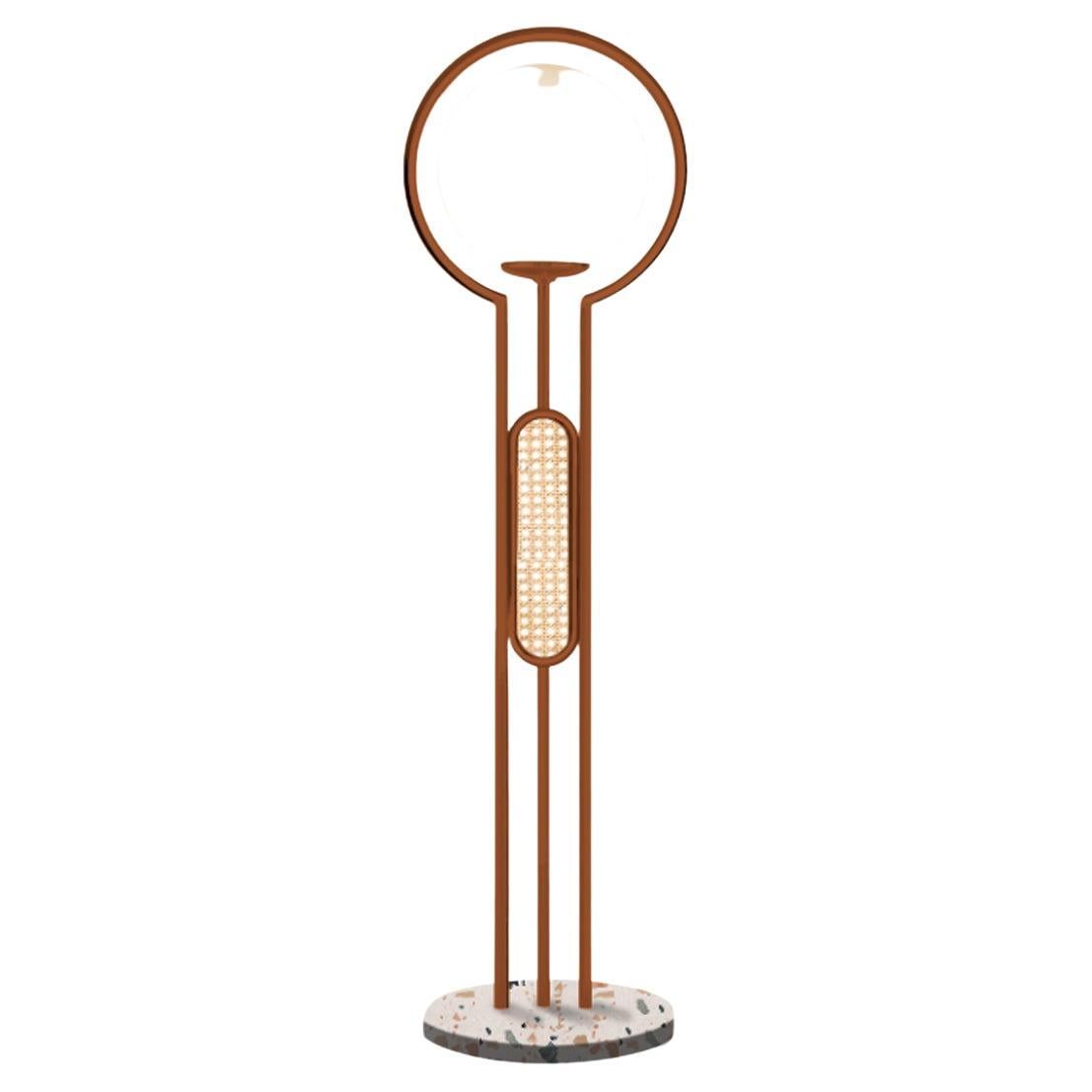 Post Modern Style Frame Floor Lamp Copper Color, Woven Cane and Terrazzo by UTU For Sale