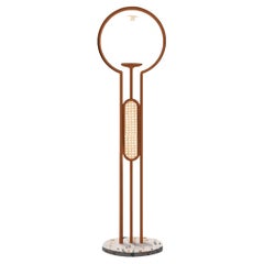 Post Modern Style Frame Floor Lamp Copper Color, Woven Cane and Terrazzo