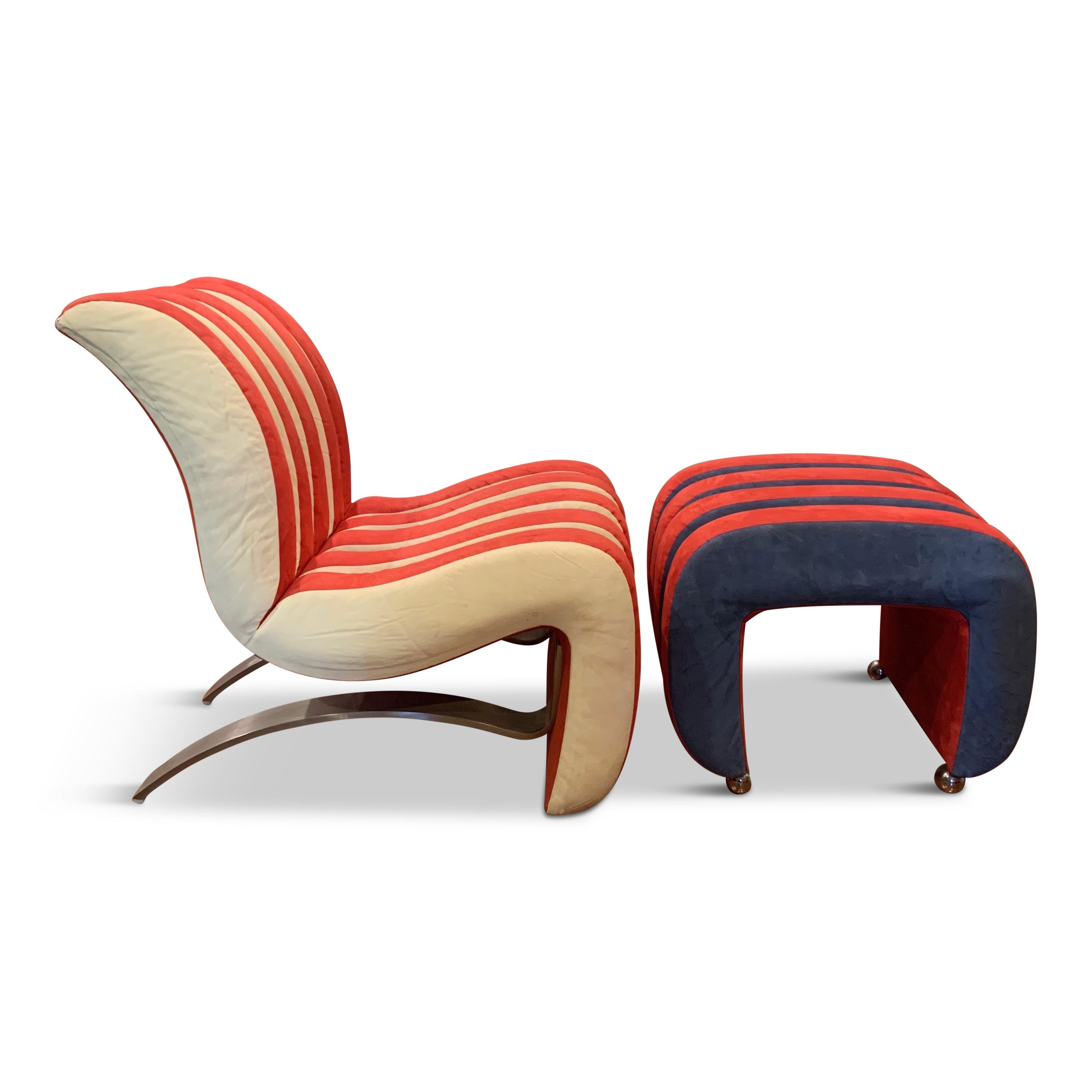 This one of a kind lounge chair upholstered in it's original red, white, and blue suede is an original design by the design duo of Barbara and Robert Tiffany. Created in 2002, this piece with its channeled upholstery and stainless steel legs is