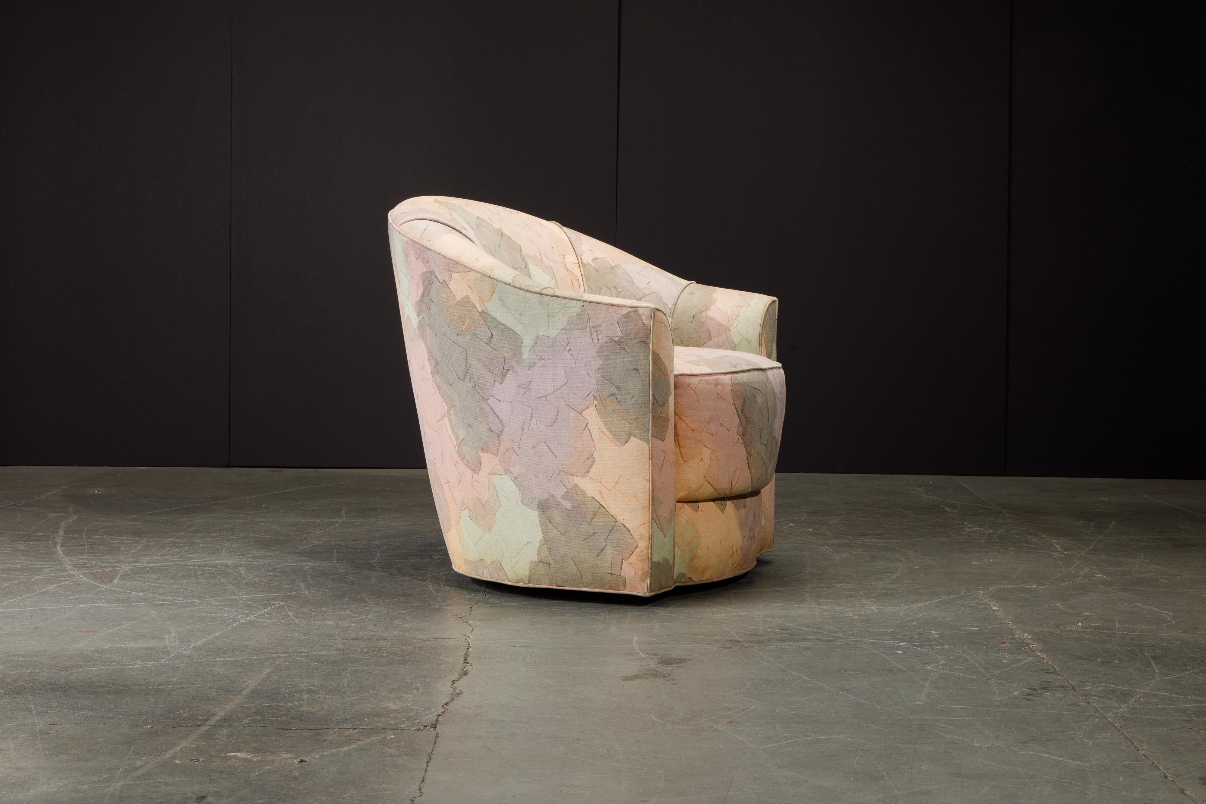 This attractive club / lounge chair by Gina Berschneider with 1980s Post Modern fabric would be perfect for any room attempting to replicate the 'Golden Girls' style. A mesmerizing floral pattern of pinks, peach, purples, and pastel green colors,