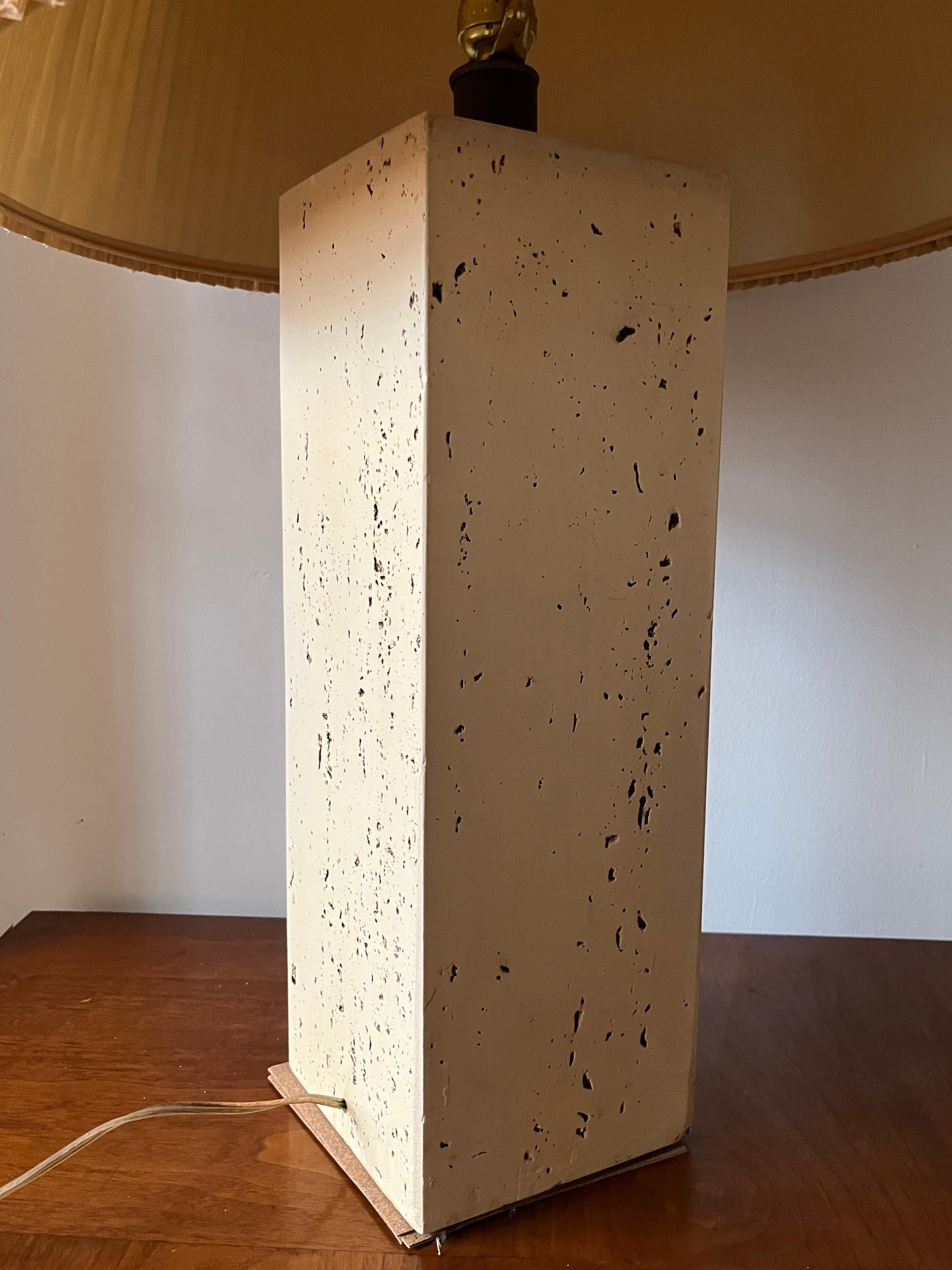 Unknown Post-modern Tall Travertine Column Table Lamp with Original Pleated Sisal Shade For Sale