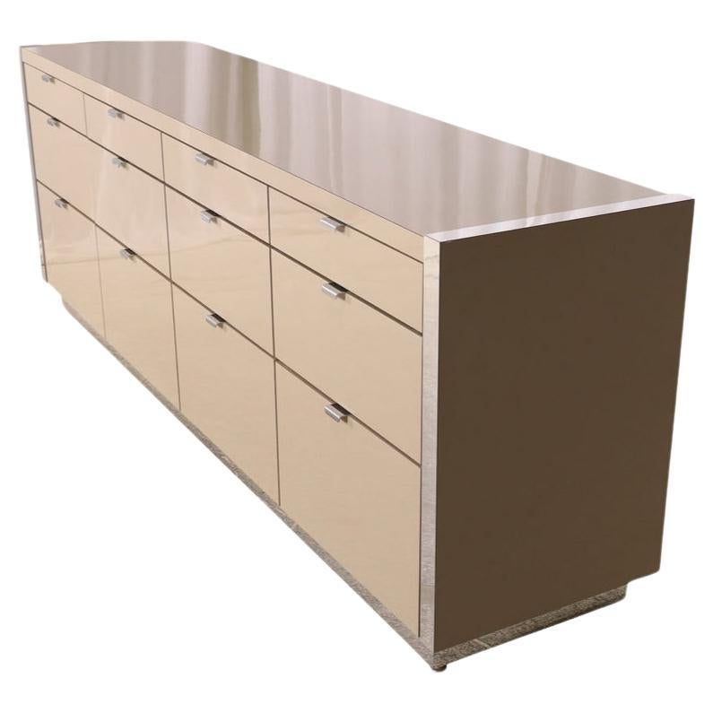 Post-Modern Post modern taupe lacquer chrome 12 drawer dresser credenza by Ello For Sale