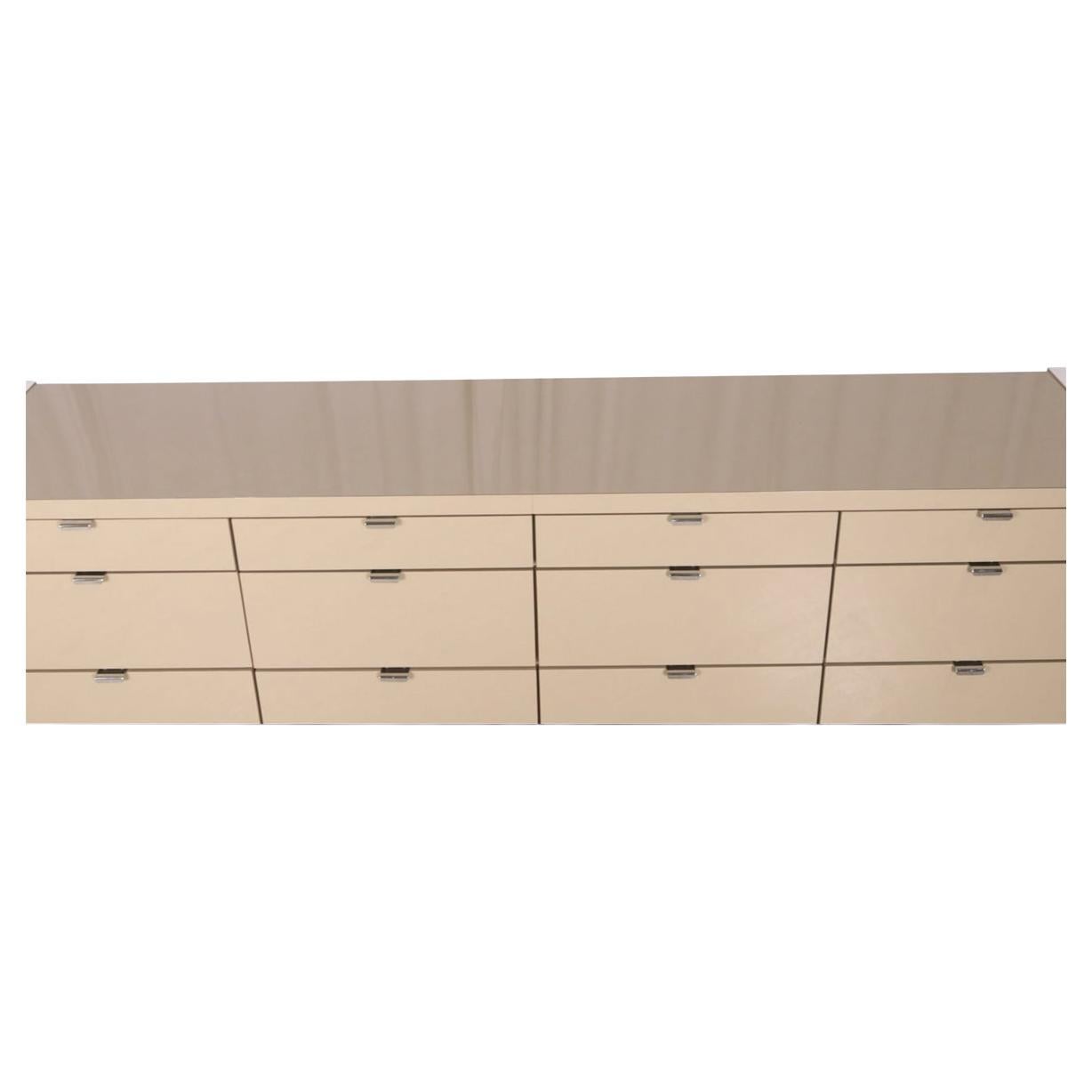 American Post modern taupe lacquer chrome 12 drawer dresser credenza by Ello For Sale