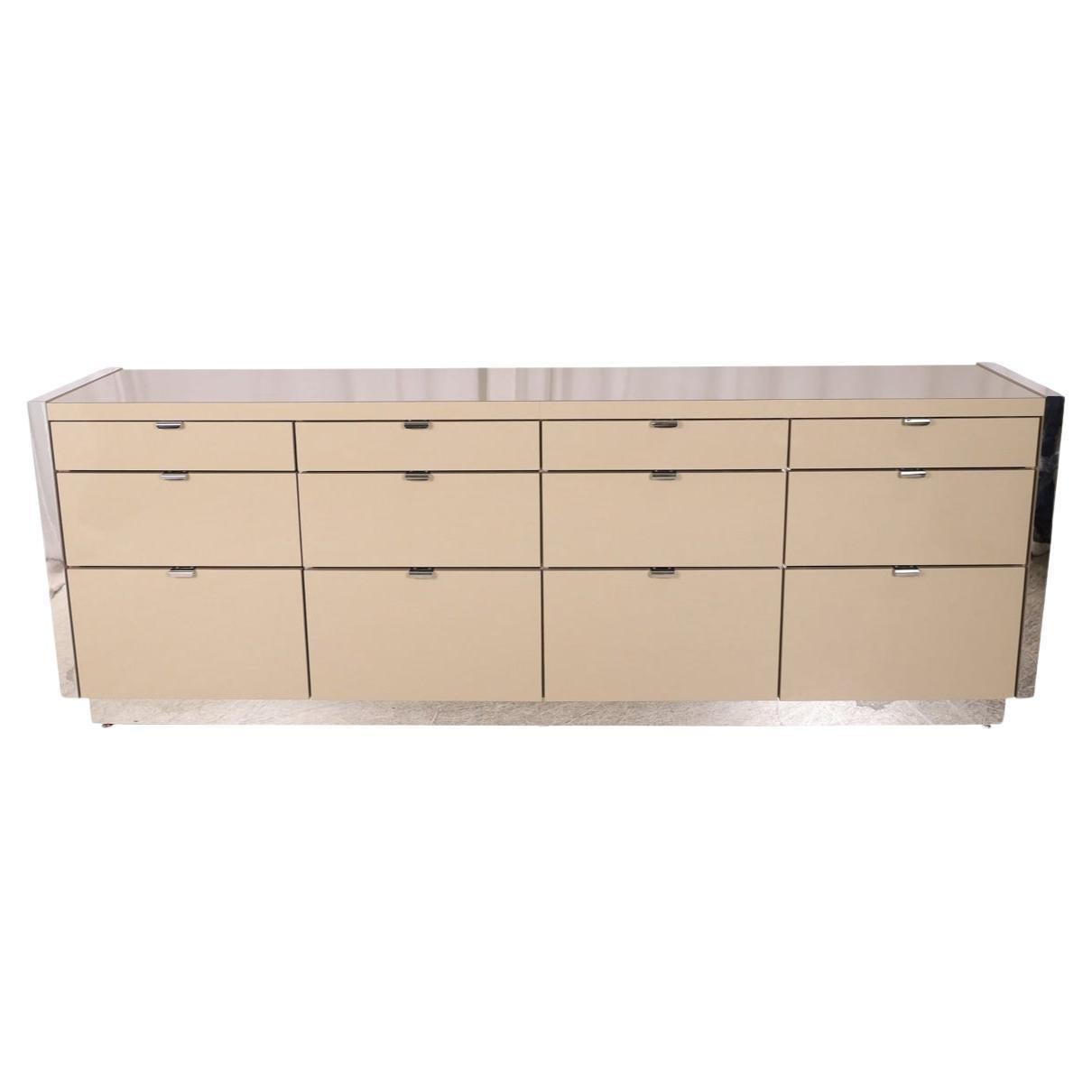 Post modern taupe lacquer chrome 12 drawer dresser credenza by Ello