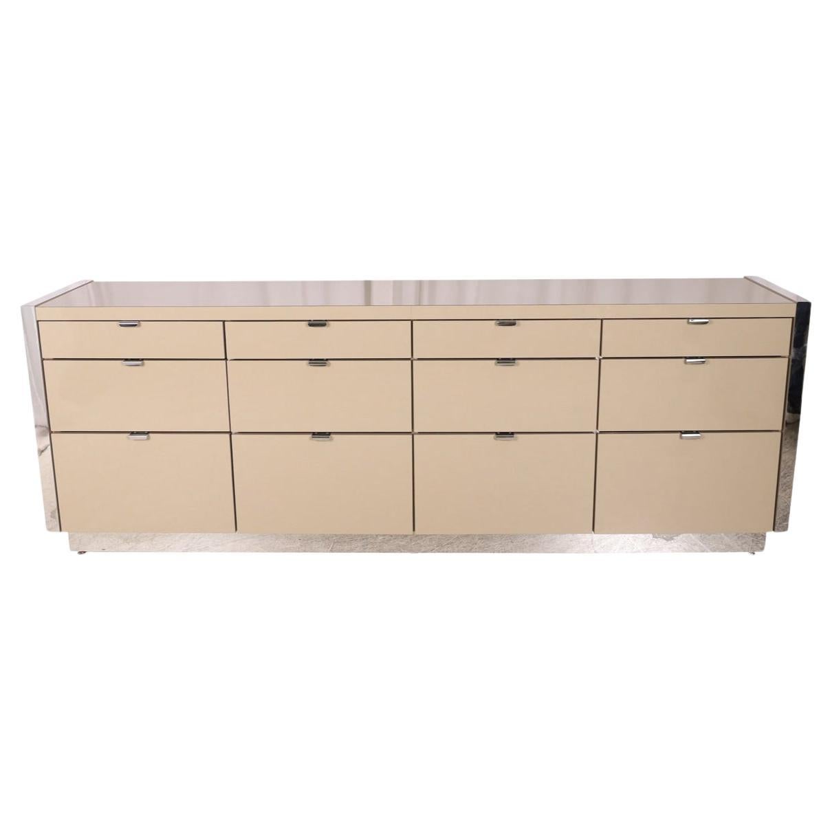 Post modern taupe lacquer chrome 12 drawer dresser credenza by Ello For Sale