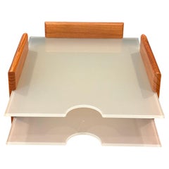 Post-Modern Teak and Frosted Glass Double Letter Tray