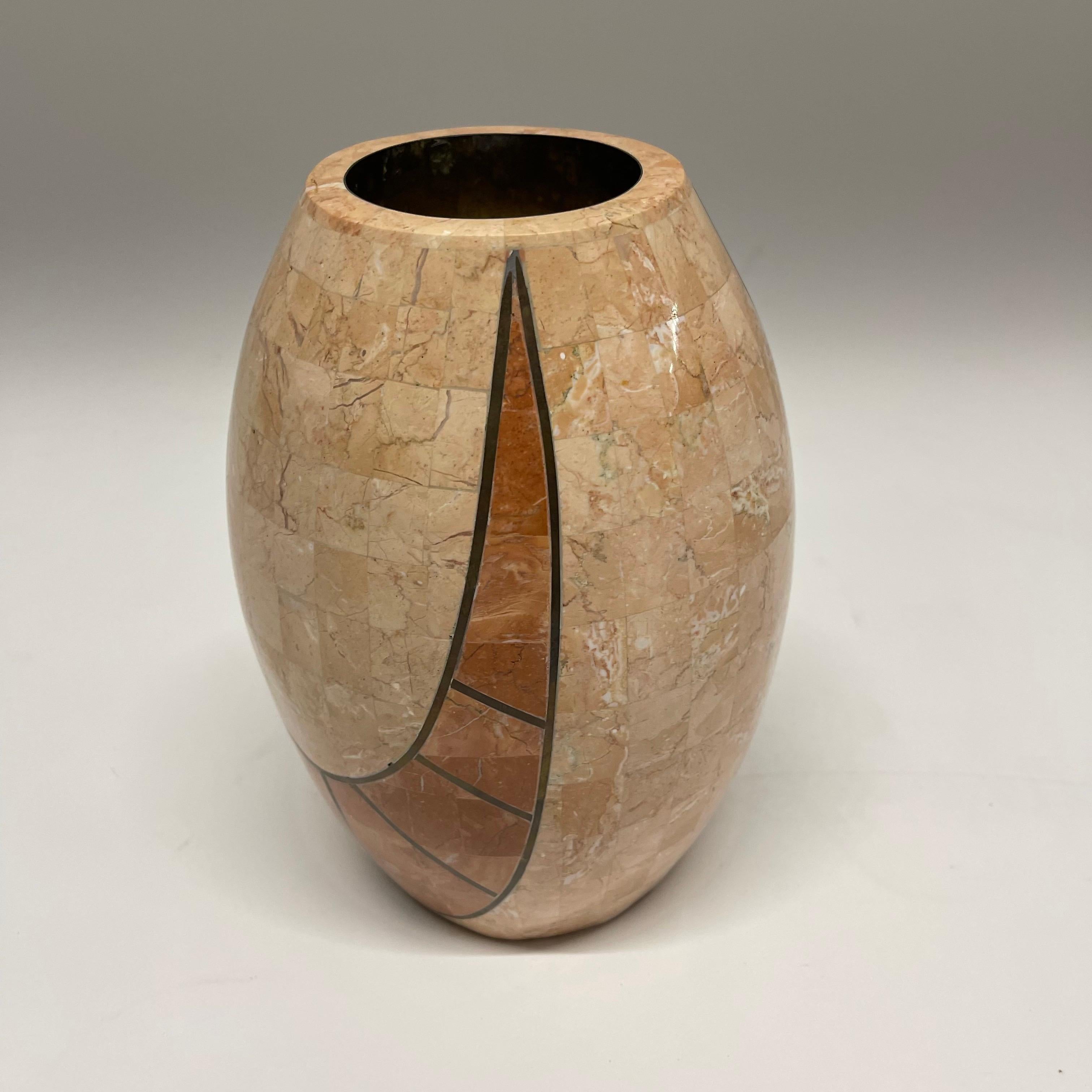 Marquetry Post-Modern Tessellated Marble and Travertine Egg Shaped Pillar Candle Holder For Sale
