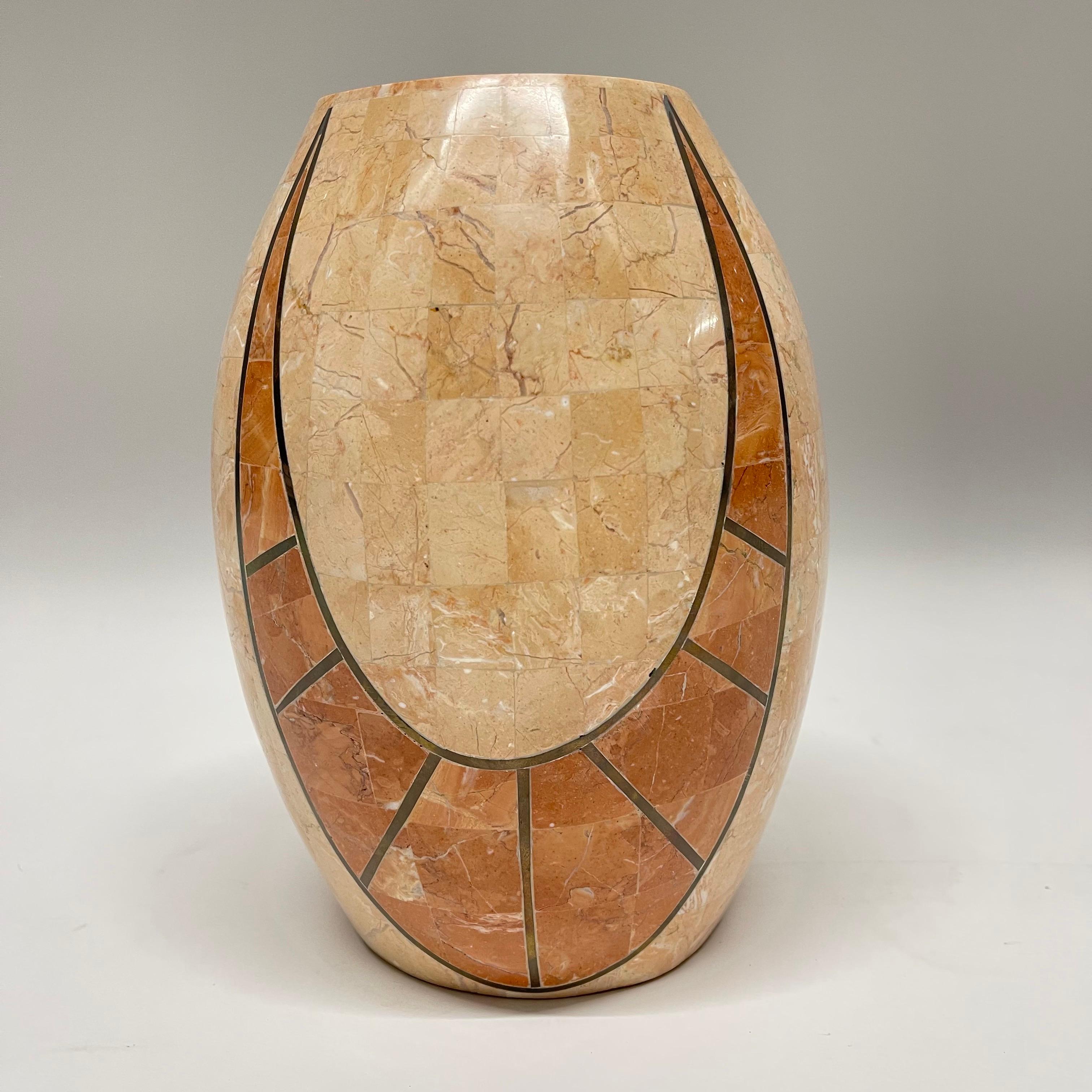 20th Century Post-Modern Tessellated Marble and Travertine Egg Shaped Pillar Candle Holder For Sale